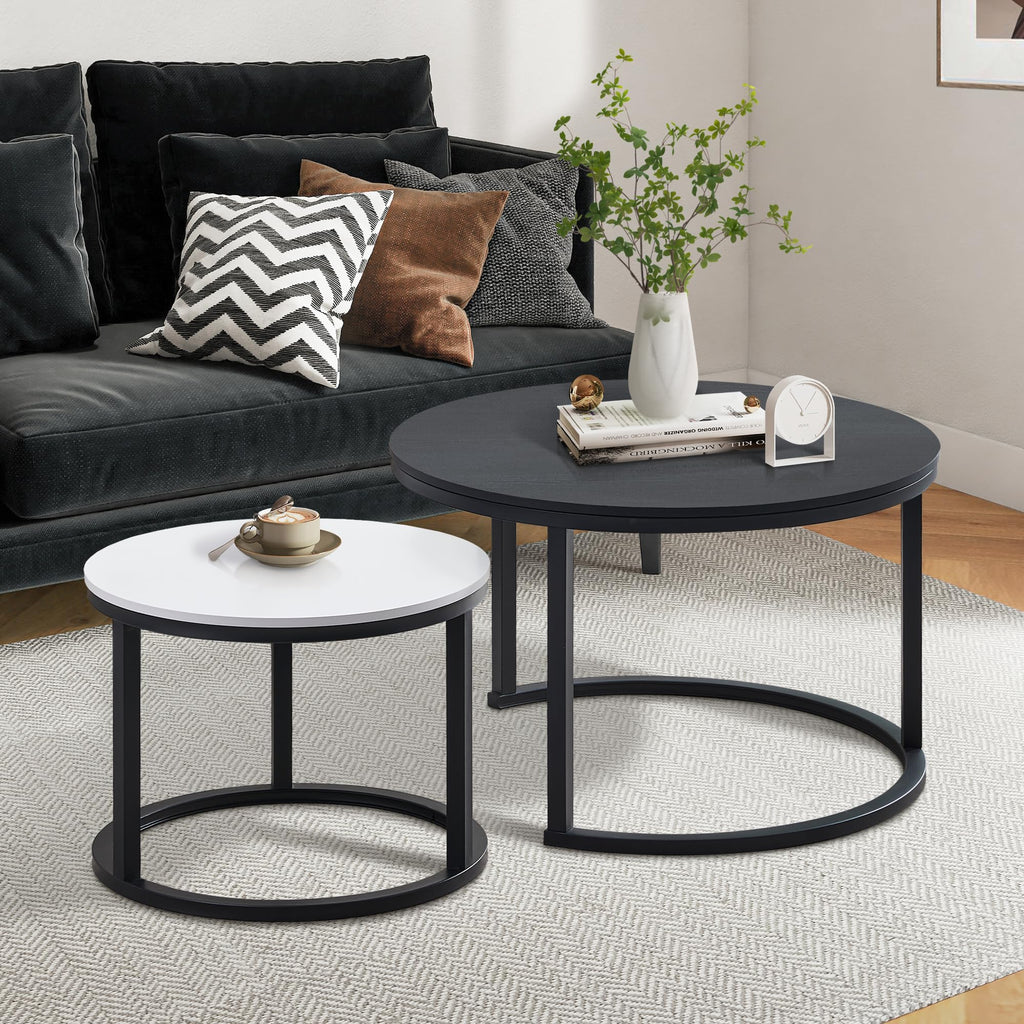 Jerry & Maggie Ø 27.5" Modern Nesting Coffee Table Set of 2, Round Glass Coffee Table & Side Table with Drawer, Tempered Glass & Leather Upholstery, Coffee Tables for Living Room, Small Space Friendly