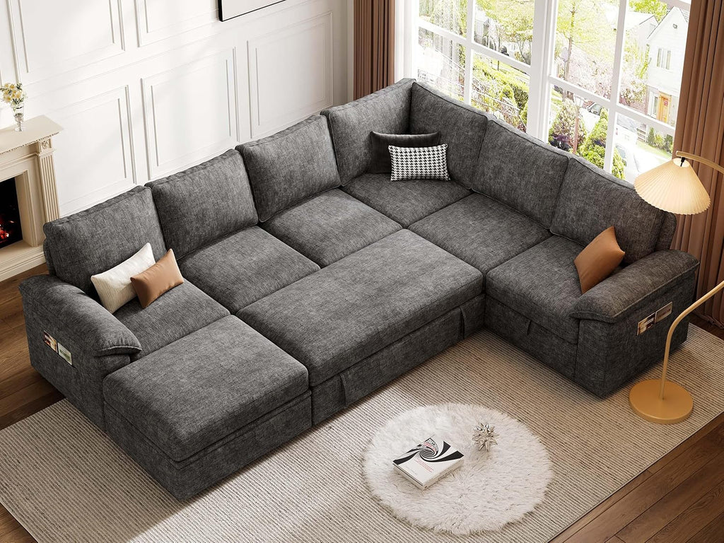 108 Inch Sectional Sleeper Sofa with Pull Out Bed, U Shaped 7 Seat Modular Sectional Sofa with Storage, Sectional Couches for Living Room, Cloud Modular Couch, Removable Sofa Cover, Dark Grey