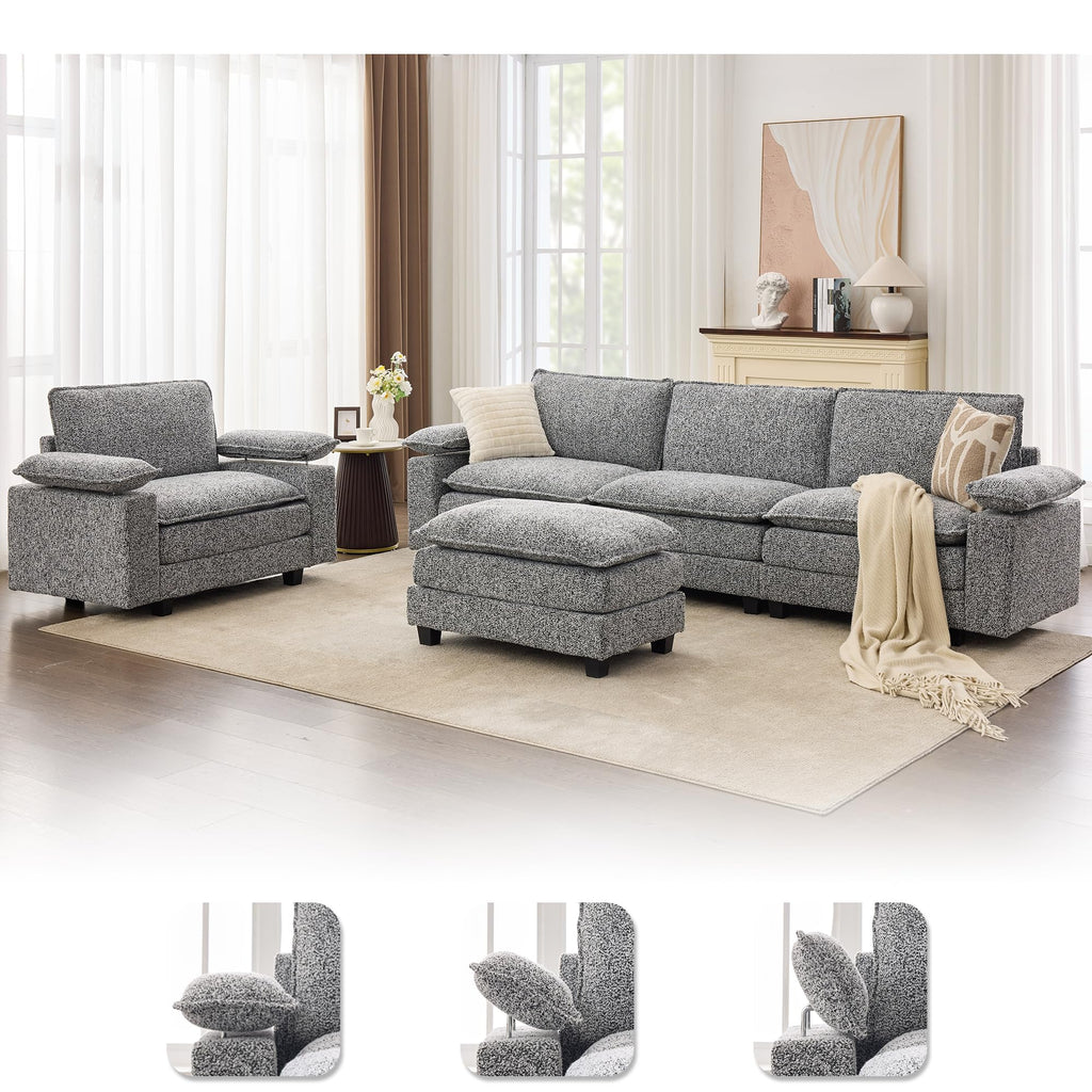 TYBOATLE 122'' Sofa Set for Living Room, Black Leather Sectional Couch with Chairs, Comfy Cloud Couch w/Adjustable Wider Armrest, Deep Seat Upholstered Modular Sofa for Office, Studio, Appartment