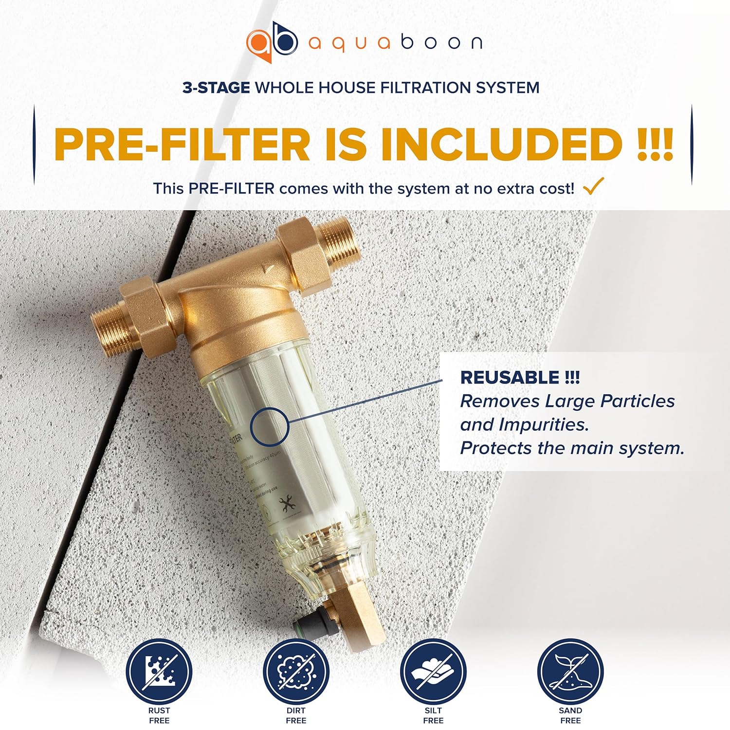 Aquaboon 3-Stage Whole House Water Filter System 20x4.5 inch with Prefilter & KDF, Sediment, Carbon Filters, Gauge & Release, Wrench, Freestanding Steel Frame