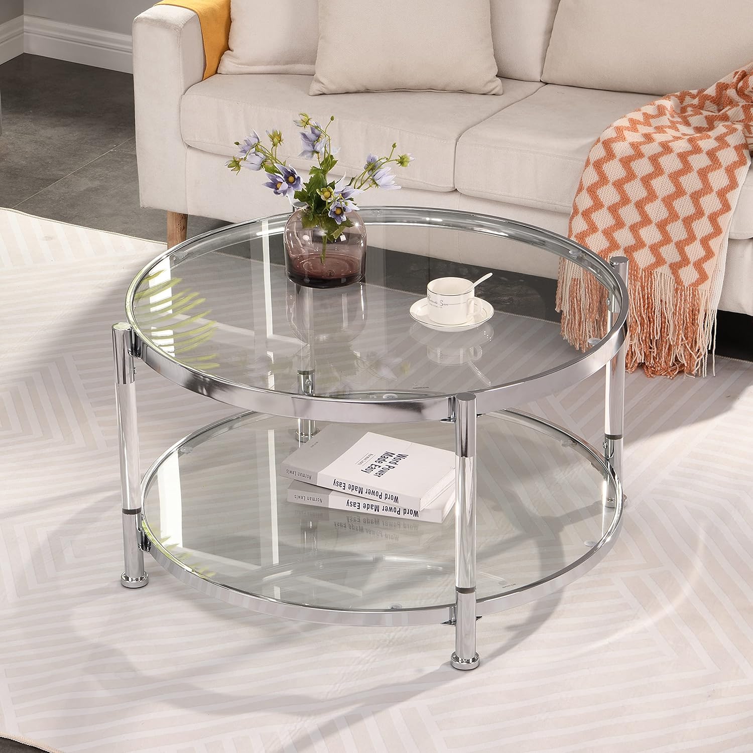 Tempered Glass Round Coffee Table, 32.3" Modern Acrylic Legs Circle Coffee Table for Living Room