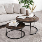 Nathan James Stella Round Modern Nesting Coffee Set of 2, Stacking Living Room Accent Tables with an Industrial Wood Finish and Powder Coated Metal Frame, Warm Nutmeg/Matte Black