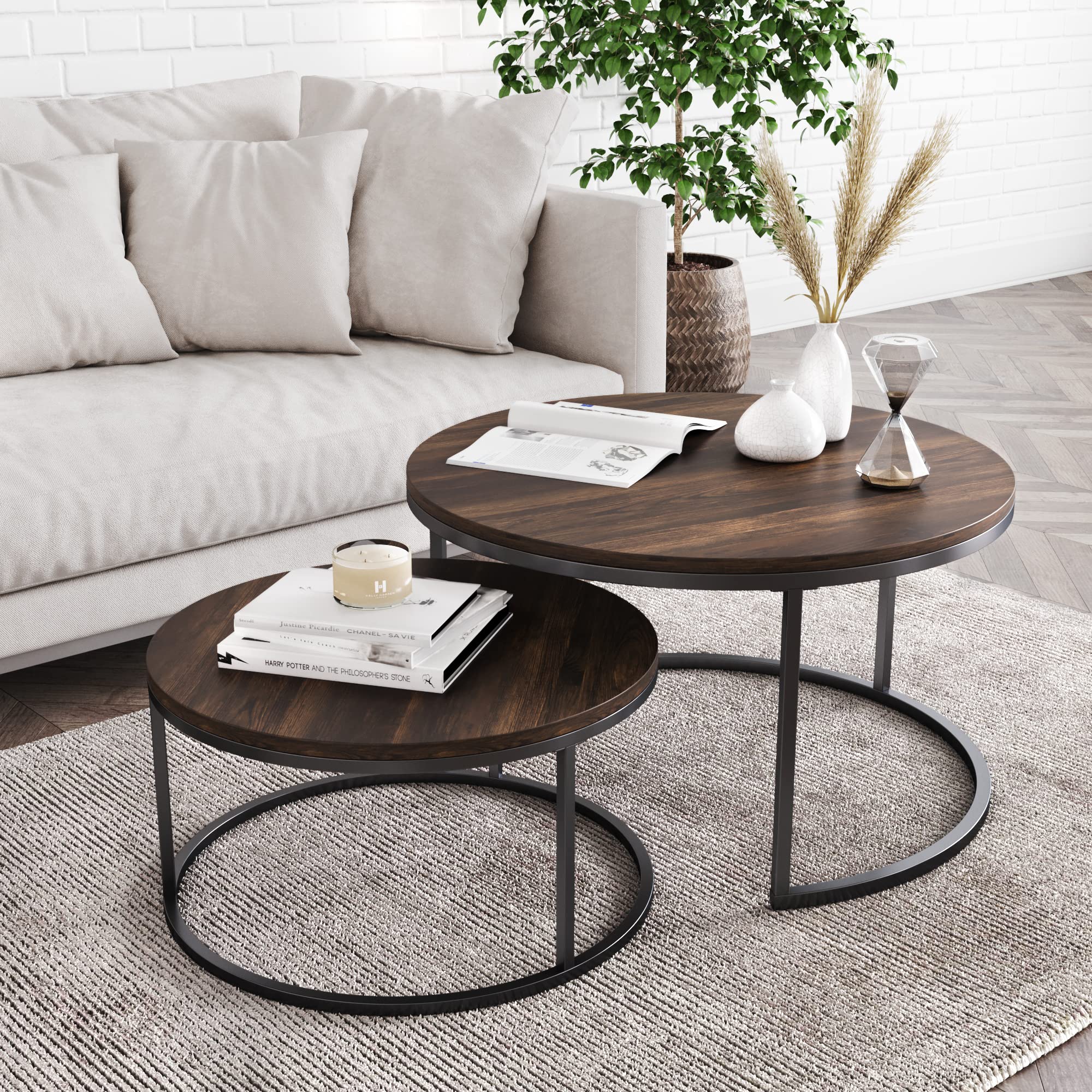 Nathan James Kendall Round Modern Nesting Coffee Set of 2, Stacking Living Room Accent Tables, Light Brown