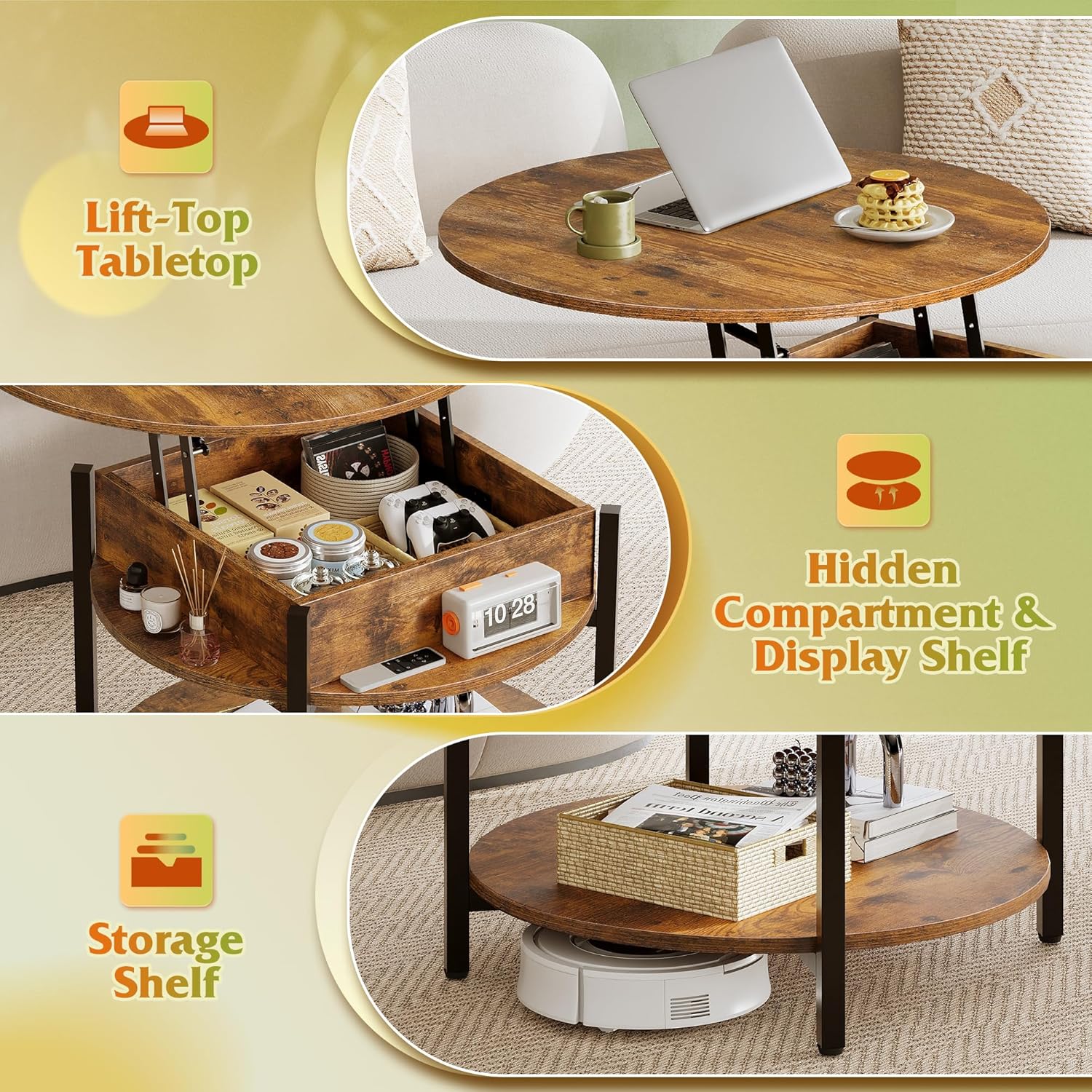 WLIVE Round Lift Top Coffee Table with Storage Shelf and Hidden Compartment, Farmhouse Small Coffee Table with 2 Tier for Living Room and Home Office, Rustic Brown