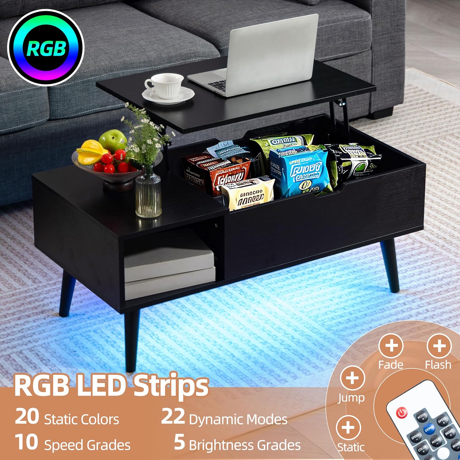 Finnhomy Lift Top Coffee Table with USB Type-C Charging Station, LED Lights and Power Outlet, 3-in-1 Multifunctional Table with Hidden Compartment and Large Storage, for Living Room Home Office, Black