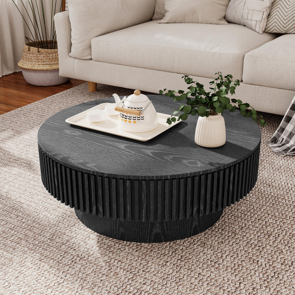 Round Coffee Table for Living Room Contemporary Wood Circle Fluted Coffee Table for Apartment, Easy Assembly ø31.49'', Wood Oak