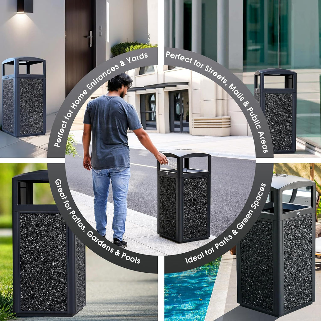 Commercial Metal Outdoor Trash Can with Lid, Lockable Outdoor Garbage Can with Nature Stone Panels, Heavy-Duty Rustproof Trash Bin with Removable Liner for Parks & Public Spaces