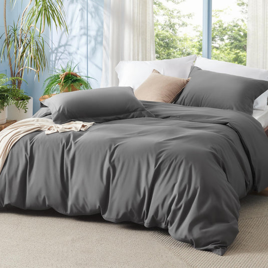 Bedsure Grey Duvet Cover Queen Size - Polyester & Rayon Derived from Bamboo Cooling Queen Duvet Cover Set, 3 Pieces, 1 Zipper Closure Duvet Cover (90"x90") & 2 Pillow Shams, Comforter Sold Separately