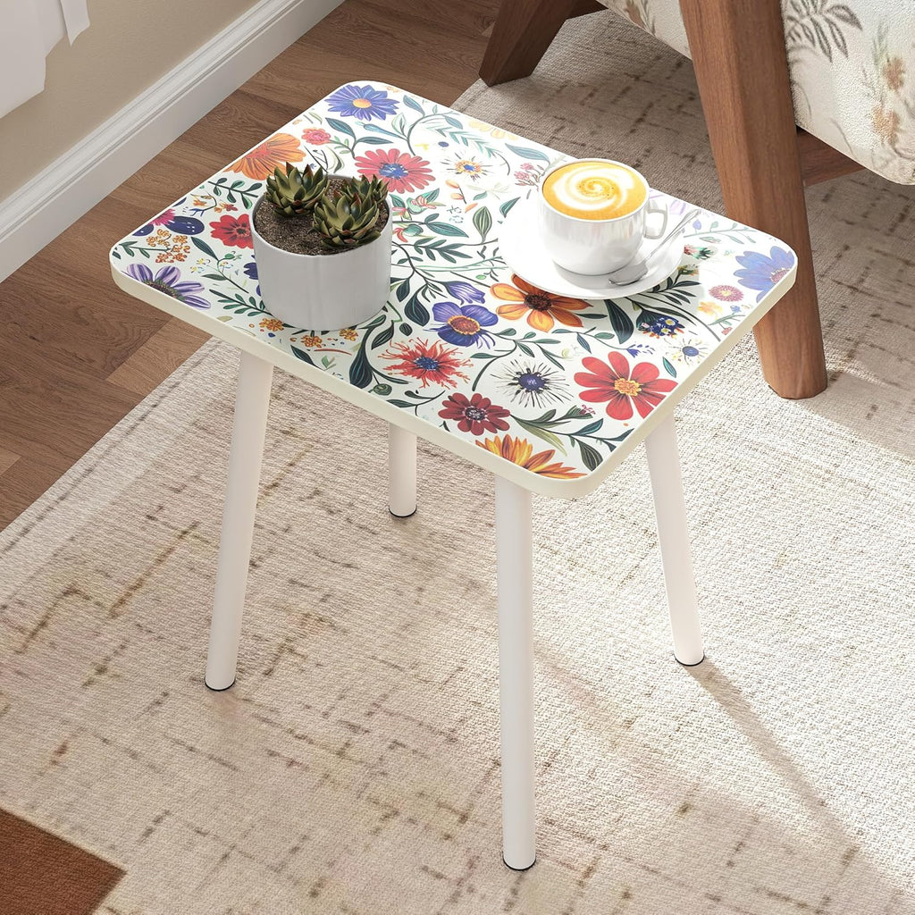 Mandala Small Rectangle End Table, Side Table with Black Flowers Finish, Retro Modern Small Coffee Table for Balcony, Living Room(11.8" D x 15.7" W x 17" H, White, Rectangle)