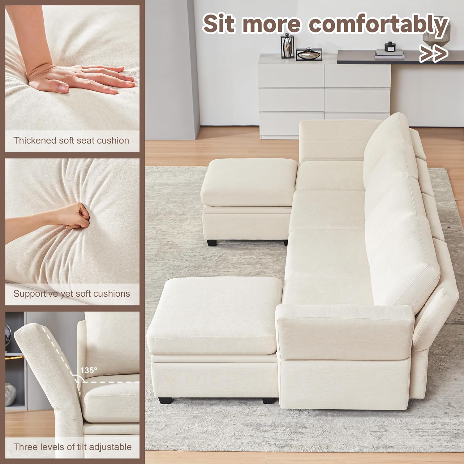 Modular Sectional Sofa with Storage, U Shaped Sectional Couch for Living Room, Convertible Modular Sofa Couch with Ottomans, High Supportive & Soft Sponge, 6 Seat, Beige