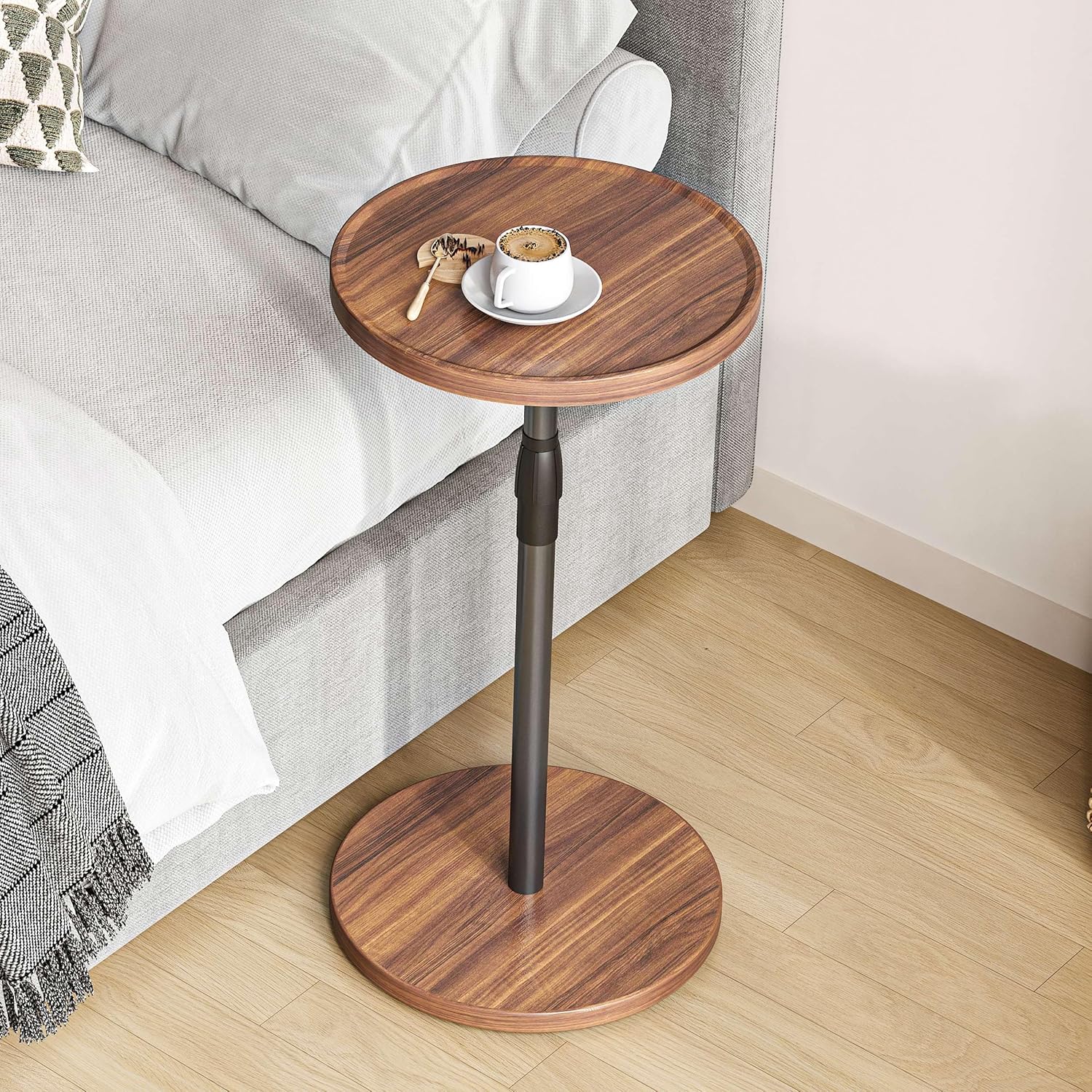 Adjustable End Table, Small Round Side Table, Drink Table for Small Spaces, Pedestal Nightstand for Living Room, Bedroom, Sofa Couch, Rustic Brown ET-010BR