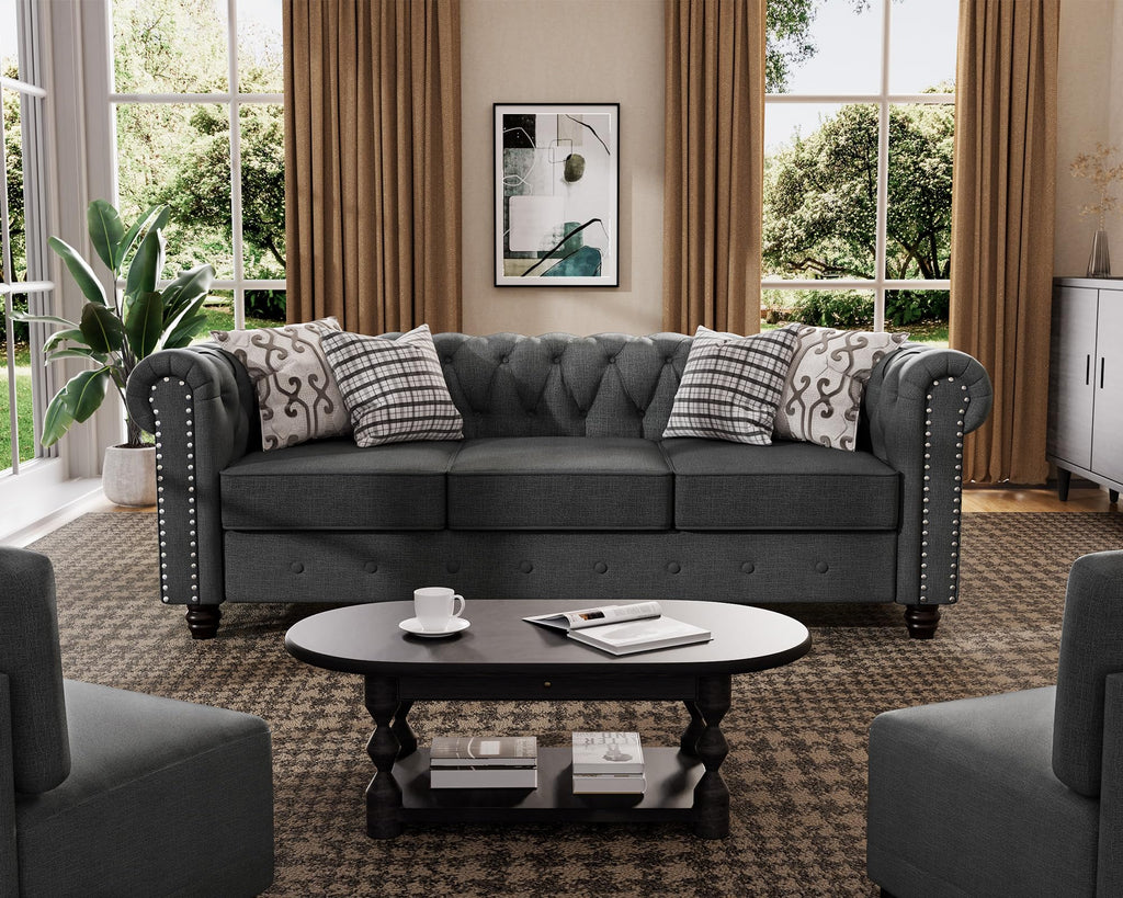 Morden Fort Classic Chesterfield Sofa Set 82'', Tufted Sofa Couch Set with Solid Wood Legs Thick Cushion, Pet-Friendly 3-Seater Sofas Couches for Living Room Bedroom Apartment - Linen Beige