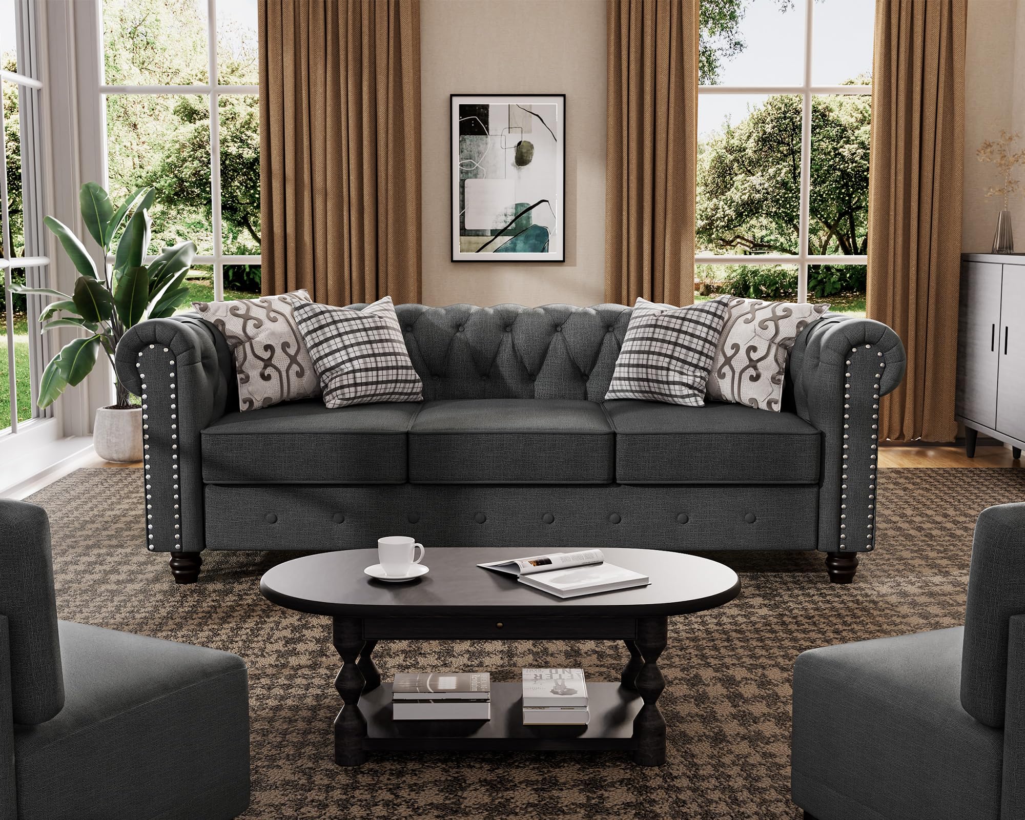 Morden Fort Classic Chesterfield Sofa Set 82'', Tufted Sofa Couch Set with Solid Wood Legs Thick Cushion, Pet-Friendly 3-Seater Sofas Couches for Living Room Bedroom Apartment - Linen Beige