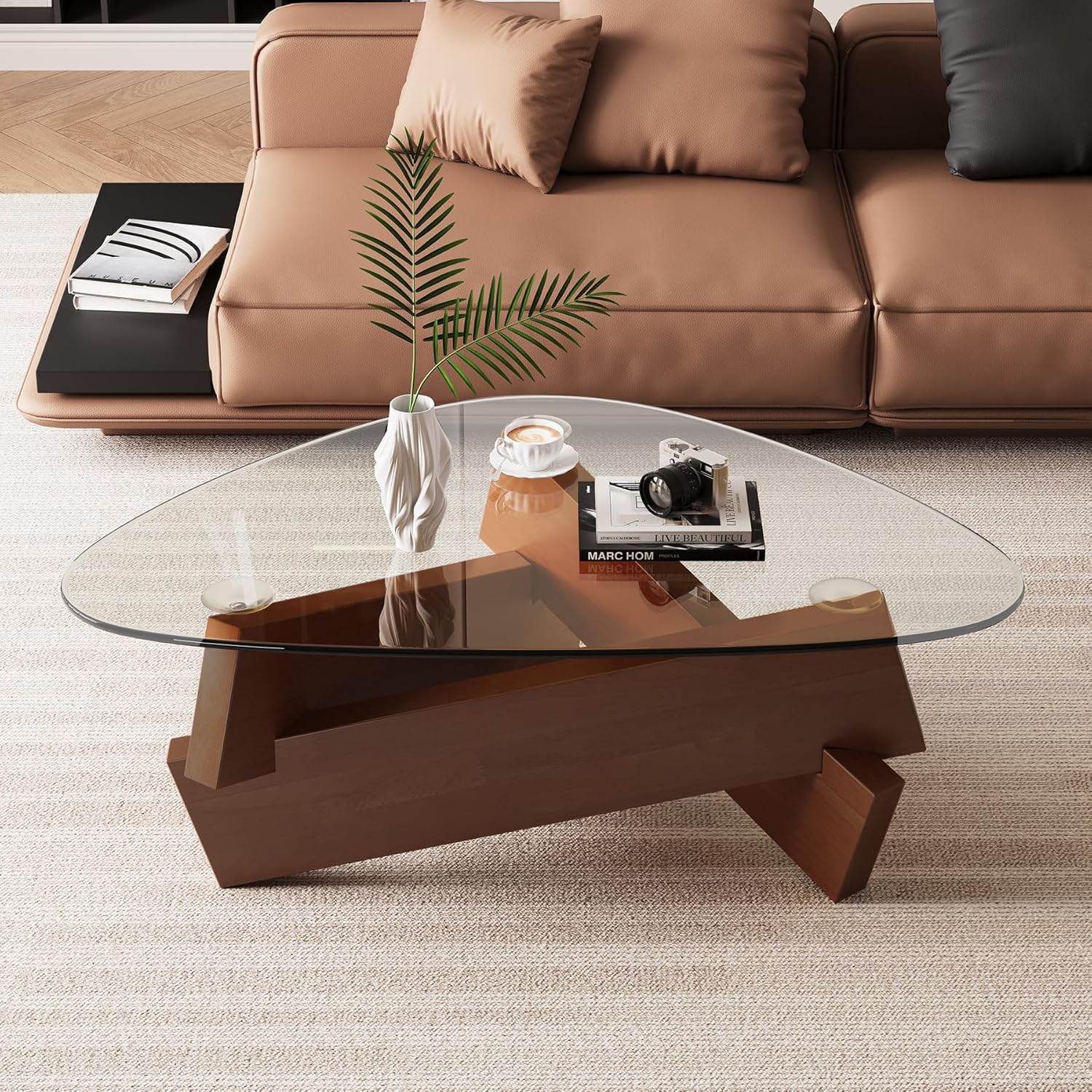 Walnut Triangle Coffee Table 35.5'' x 27.5'' x 15.7'' Modern Mid Century Glass Coffee Table Rustic Brown Solid Wood Center Table Funky Retro Vintage Tea Table for Living Room & Small Space