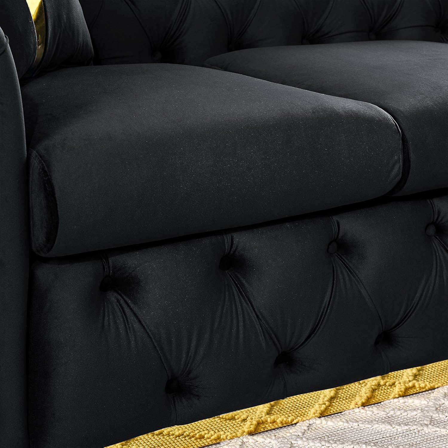 Mid Century Modern Chesterfield Sofa Couch, 90.6" Velvet Couch Black and Gold Sofa Luxury Loveseat for Living Room, Tufted Sofas with 2 Pillows & Classic Golden Decor, Jet Black
