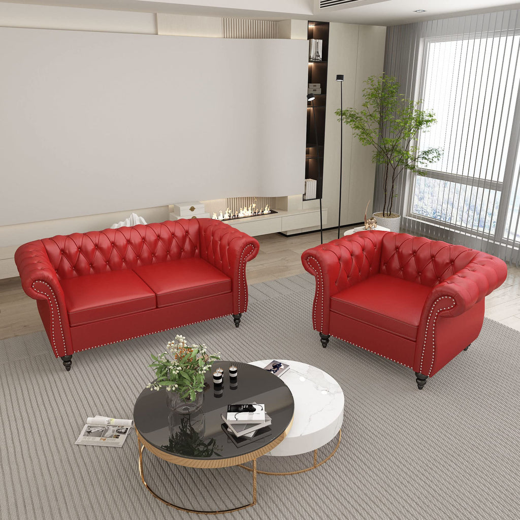 QHITTY 3 Piece Living Room Set, Sectional Chesterfield Sofa Chair Contemporary Upholstered Leather Loveseat Couch Sets for Living Room, Bedroom, Office