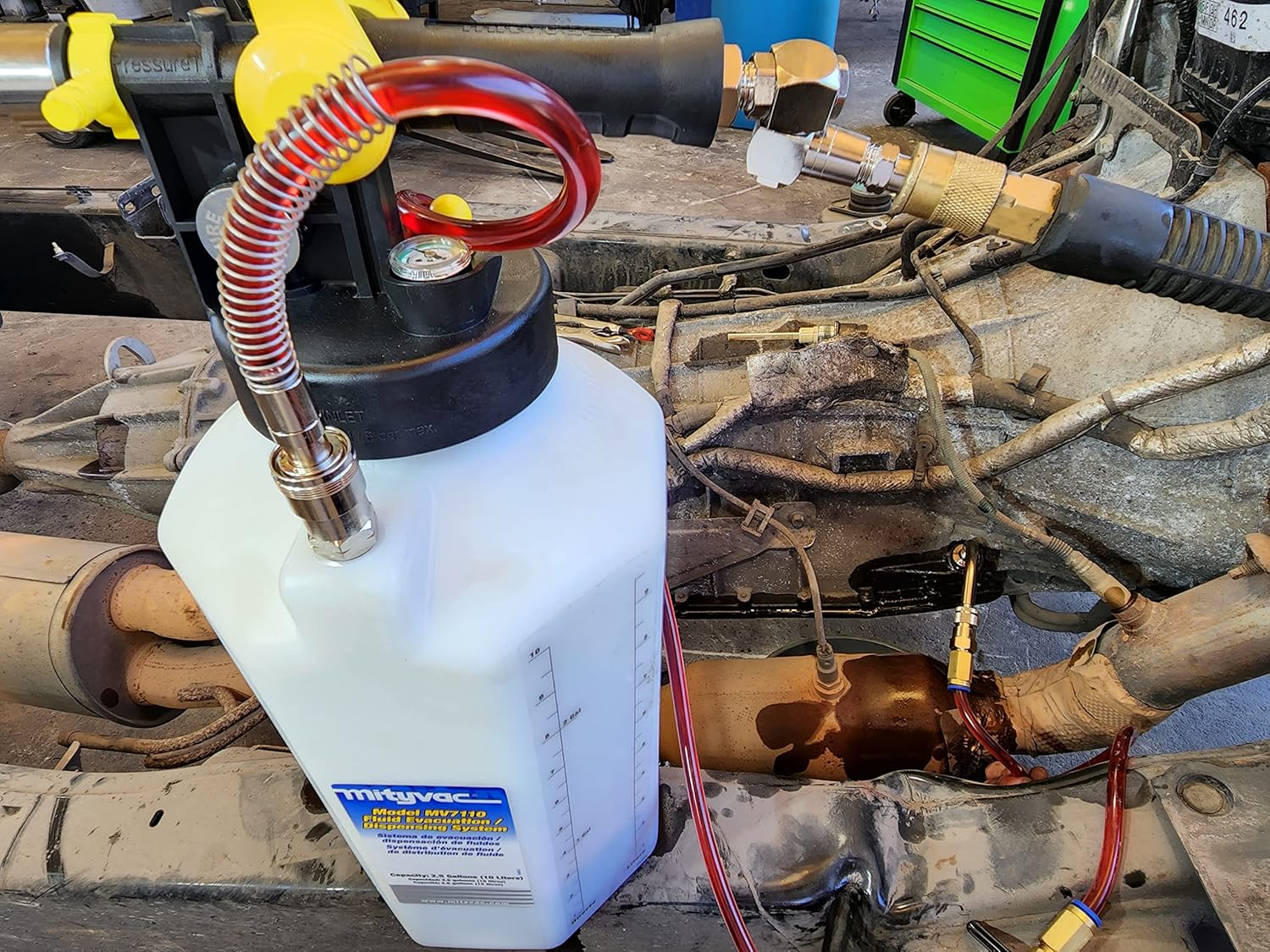 Mityvac MV7412 ATF Sealed Transmission Fluid Extractor and Refill Kit, 2.5 Gallon (10 Liter), Compressed Air, Isolated Flow Control, Pressure/Vacuum Switch Valves, MVA575 Flex Hose with Control Valve