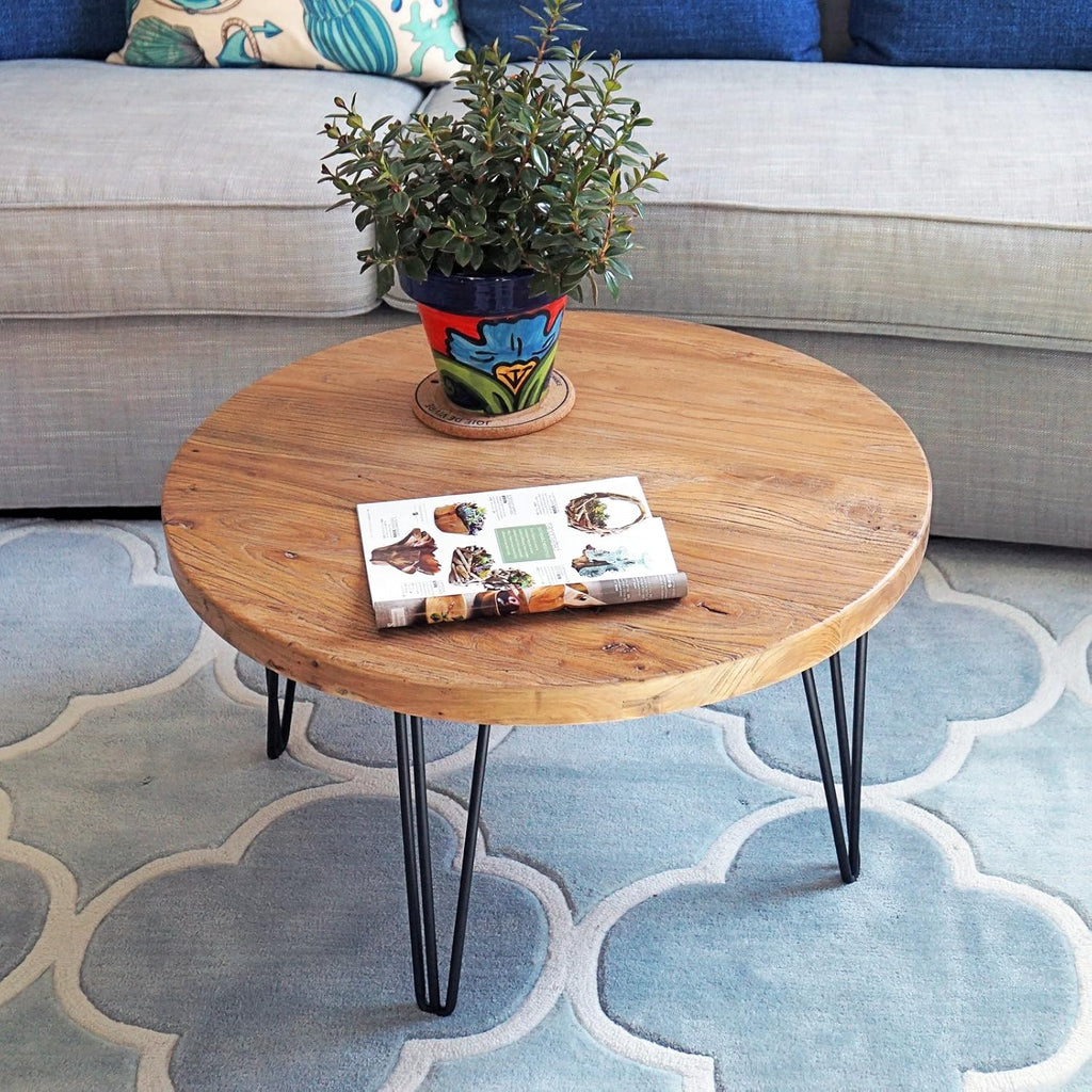 WELLAND Reclaimed Old Elm Coffee Table 27.5"x27.5"x16" H Accent Vintage Coffee Table Rustic Round Table for Living Room Patio Bedroom Home Office