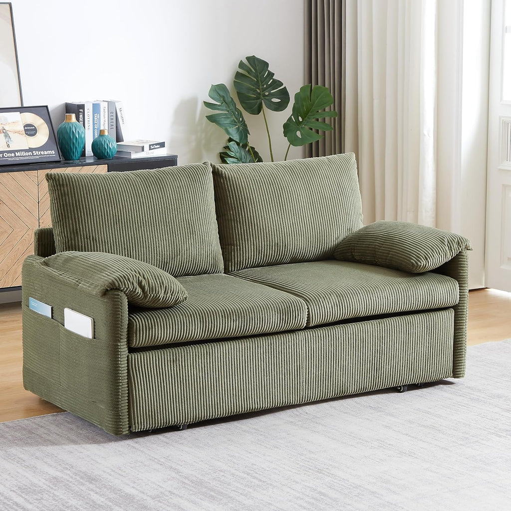 Eafurn 3 in 1 Convertible Pull Out Sleeper Sofa Couch Bed Queen Size, Corduroy Pullout Lounge Loveseat RV Sofa&Couches Sofabed with Soft Pillows Armrest,Side Pockers for Living Room Apartment