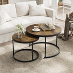 Smuxee Nesting Coffee Table Set of 2, 23.6" Round Coffee Table Wood Grain Top with Adjustable Non-Slip Feet, Industrial End Table Side Tables for Living Room Bedroom Balcony Yard