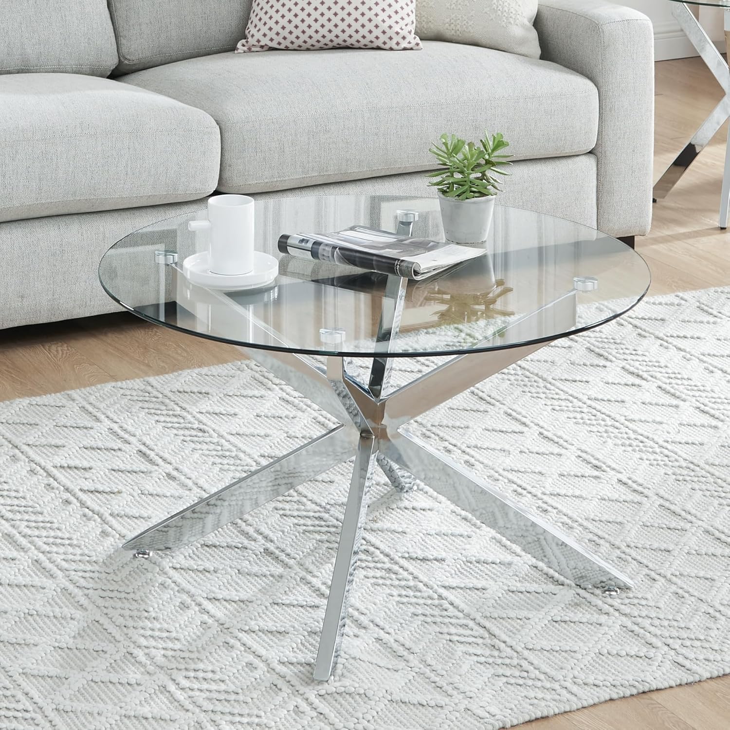 Round Glass Coffee Tables for Living Room, Home Office, Modern & Simple Center Table with Clear Tempered Glass Top, 35.5" Wx19.7 H Silver