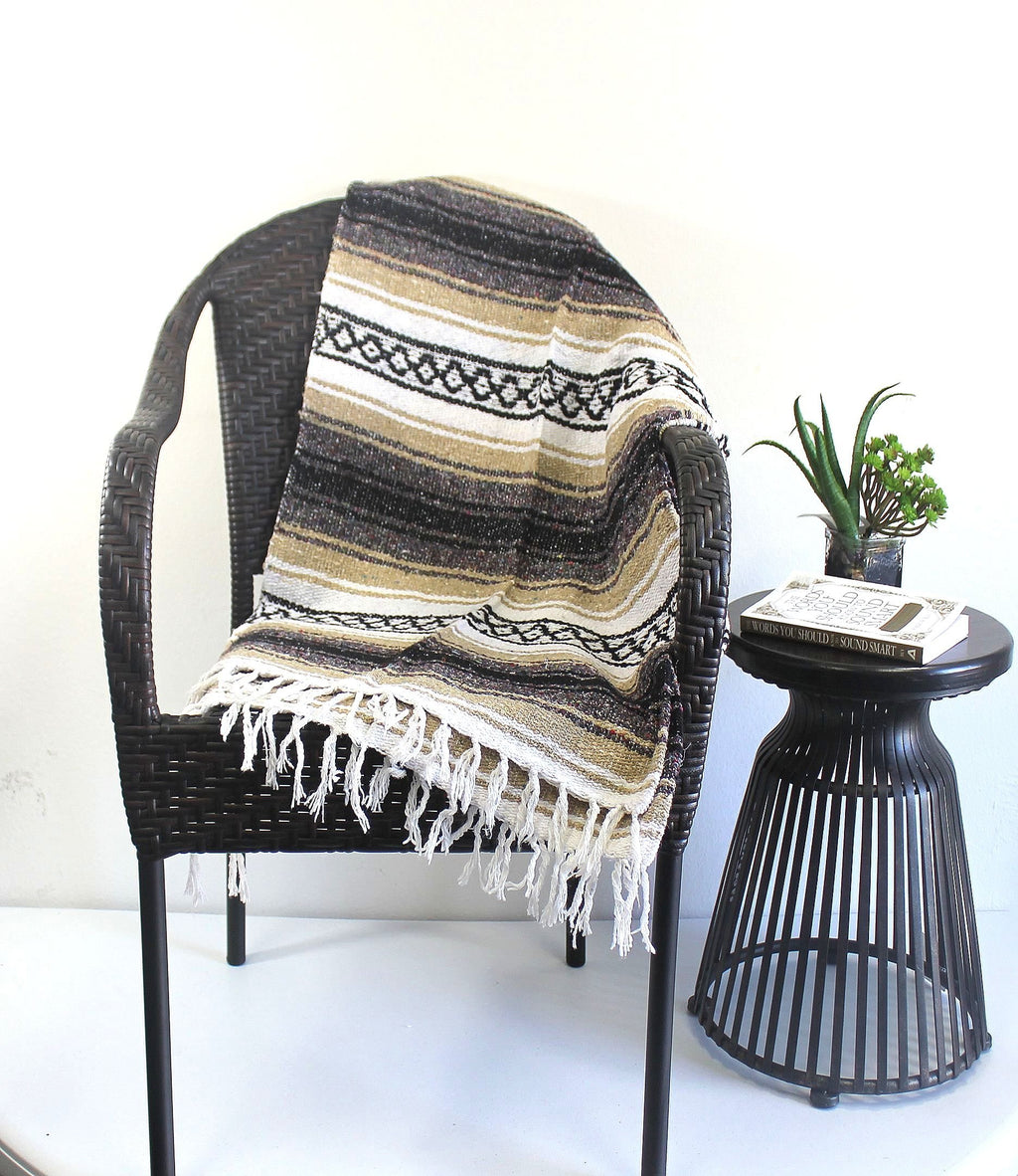 Del Mex Classic Mexican Blanket, Large Authentic Woven Falsa Throw (75"x50"), Artisan Southwest Décor for Beach, Yoga, Outdoors (Tan)