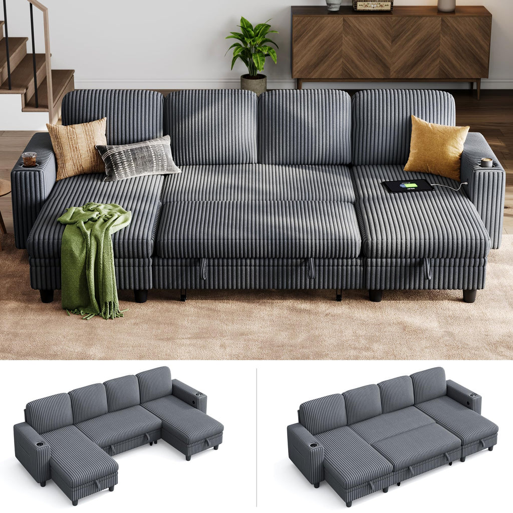 LINSY HOME Sectional Sleeper Sofa with Pull Out Couch Bed - Convertible Plush Corduroy Cloud Couch with Storage Chaise & USB Charging, Comfy Modular Couches for Living Room, Green
