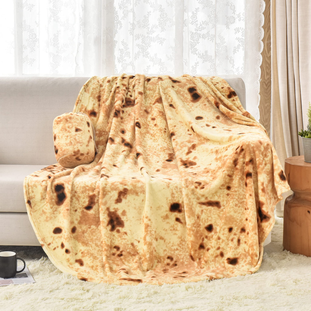 Bnuitland Burritos Tortilla Blanket, 300GSM Double Sided Giant Funny Gift Throw with Pouch, Realistic Novelty Super Soft Sofa Yellow Taco Food Blanket for Kids/Pets and Adults