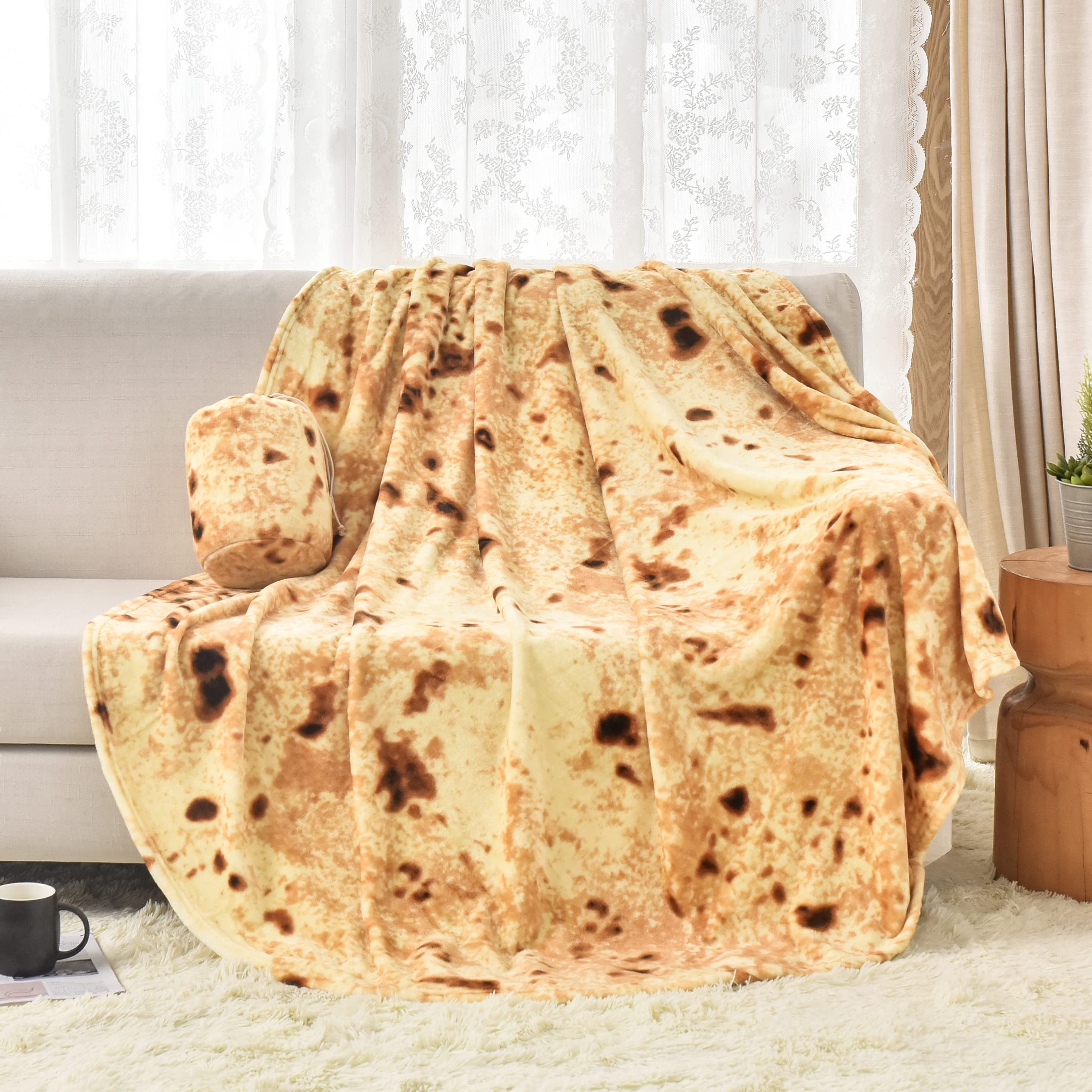 Bnuitland Burritos Tortilla Blanket, 300GSM Double Sided Giant Funny Gift Throw with Pouch, Realistic Novelty Super Soft Sofa Yellow Taco Food Blanket for Kids/Pets and Adults