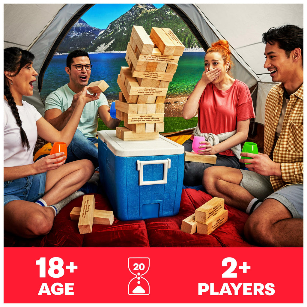 スピンマスターゲームズ、ハッピーアワータワー、巨大ジャンブリング木製ブロック、大学ゲーム、バチェロレッテパーティー、ハウスパーティー、18歳以上向け