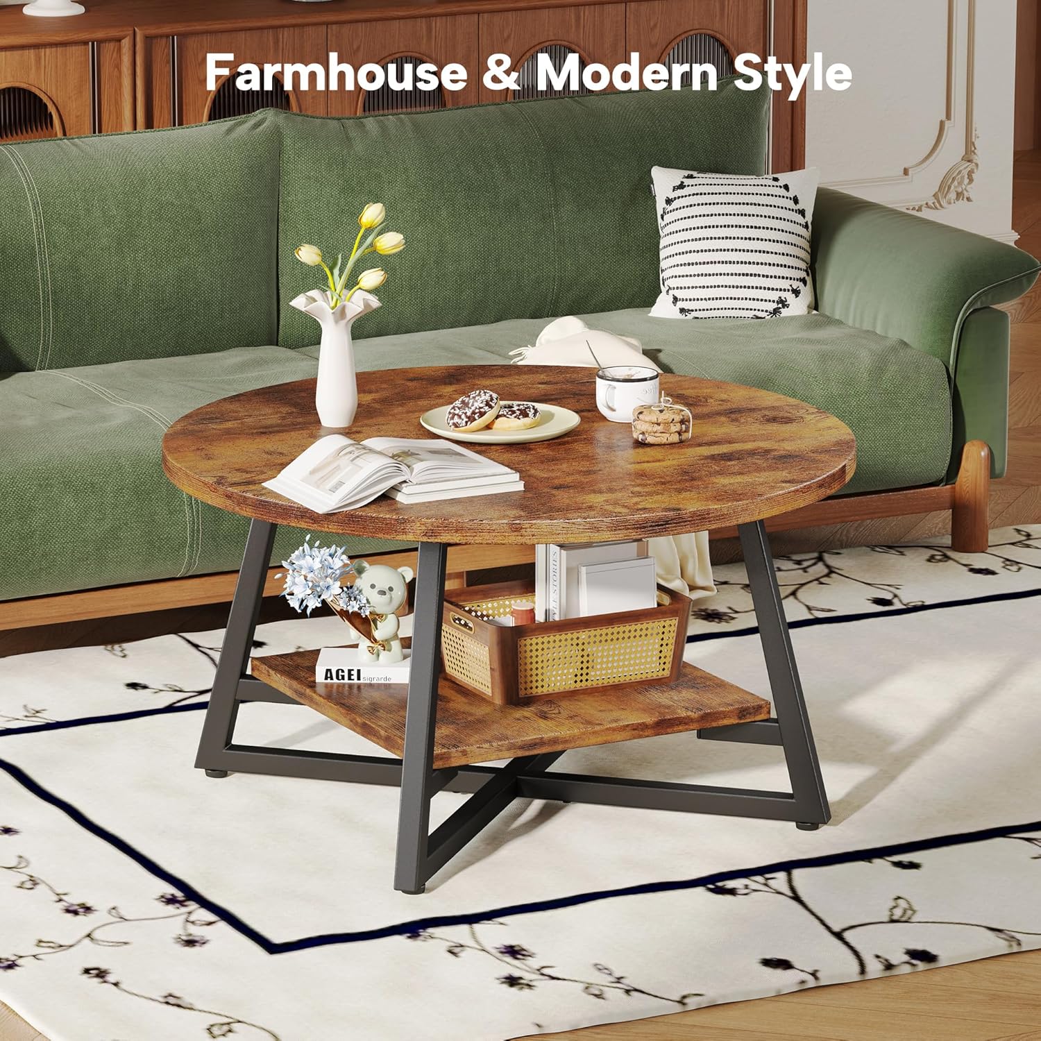 Round Coffee Table, Small Circle Coffee Table with Storage, Modern Wood Round Center Table for Living Room, Home Office, Small Space, Easy Assembly, Rustic Brown