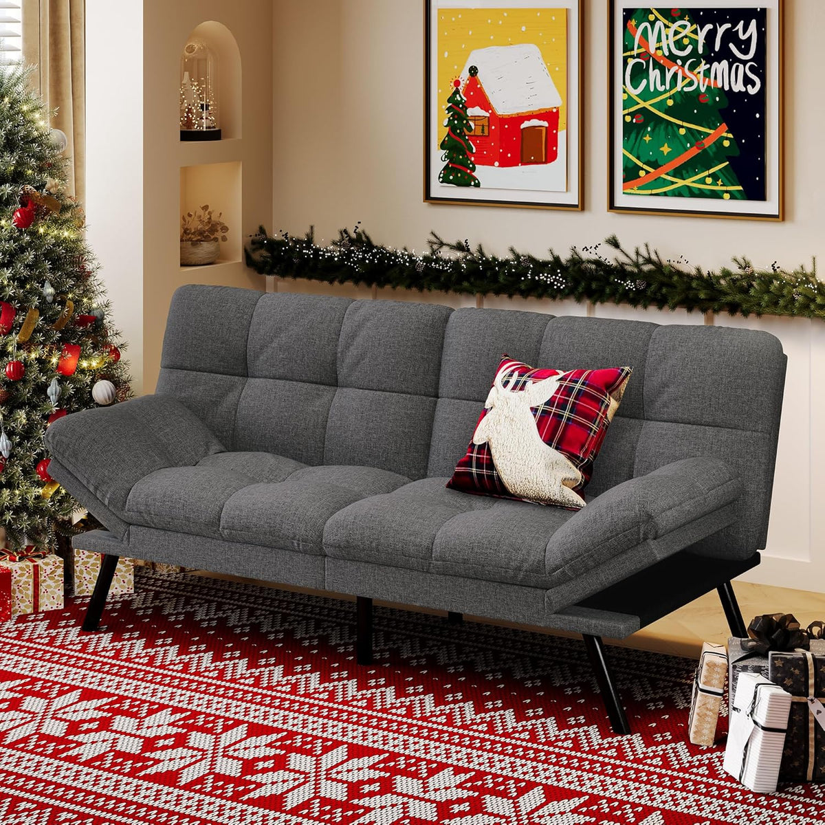 Convertible Futon Sofa Bed,71" Memory Foam Futon Couch,Detachable Cushion,Adjustable Backrest & Armrest,Linen Modern Loveseat Sleeper Recliner for Living Room,Office,Apartment,Medium Grey