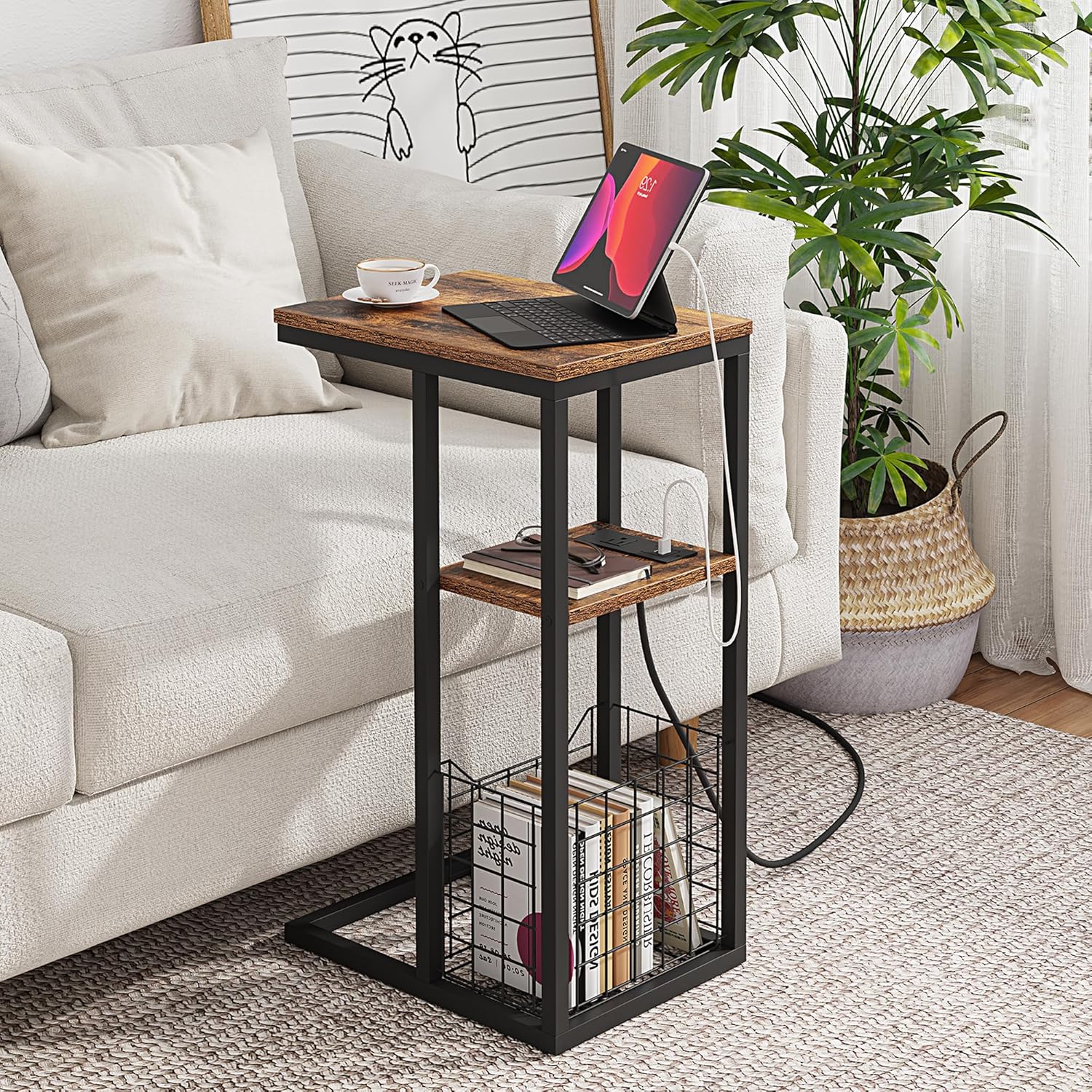 Vagusicc C Shaped End Table with Charging Station, Side Table for Couch, Small Side End Table for Small Spaces, 28" High Slide Under Sofa Table for Coffee, Tv Tray Table for Living Room, Rustic Brown