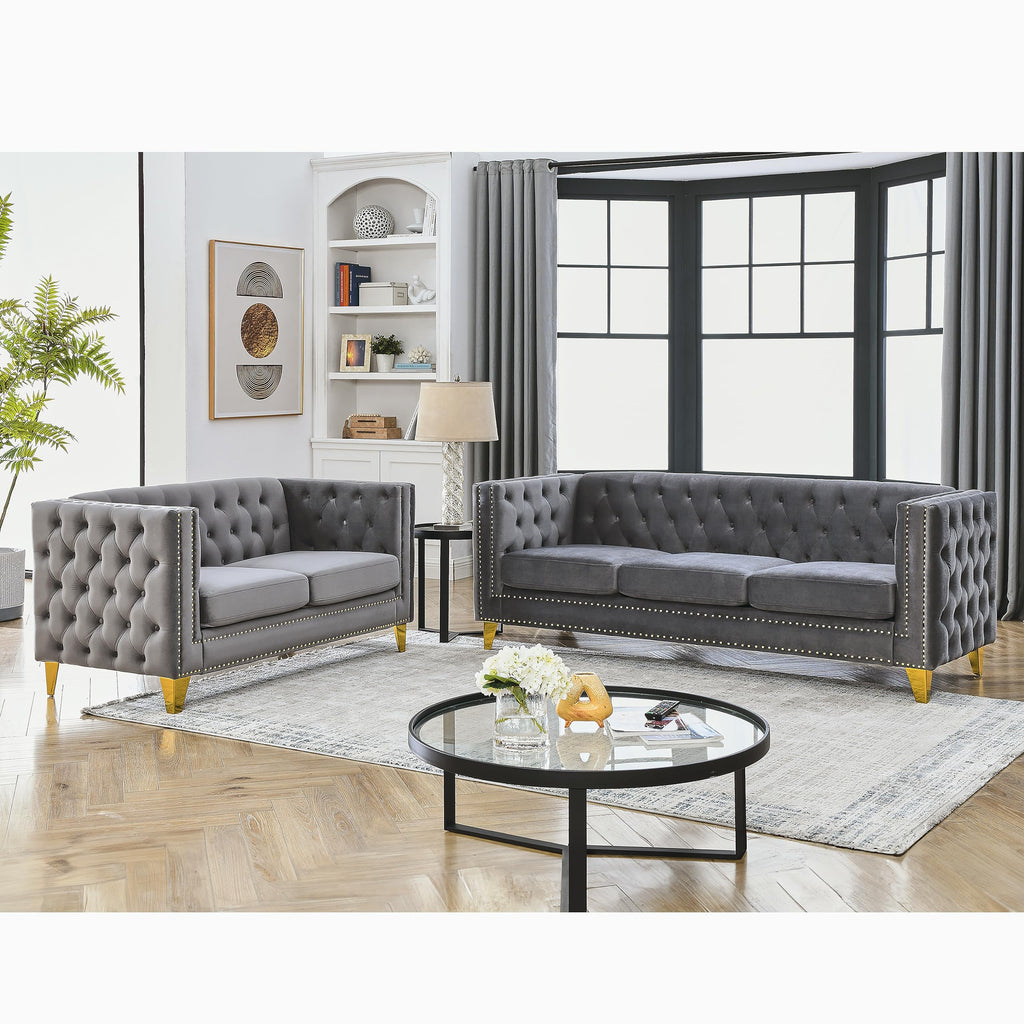KEIKI Tufted Velvet 3+3 Seat Sofa Couch for Living Room, Buttons Tufted Square Arm Couch for Home Apartment, Gray