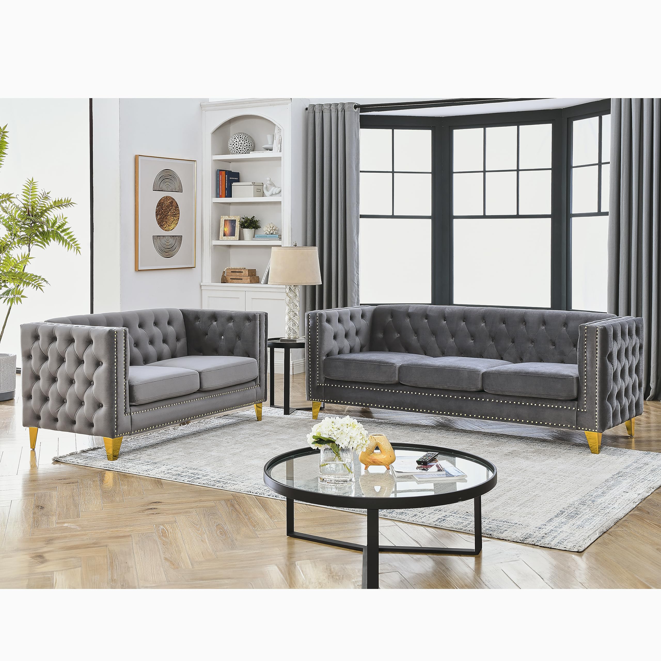 KEIKI Tufted Velvet 3+3 Seat Sofa Couch for Living Room, Buttons Tufted Square Arm Couch for Home Apartment, Gray