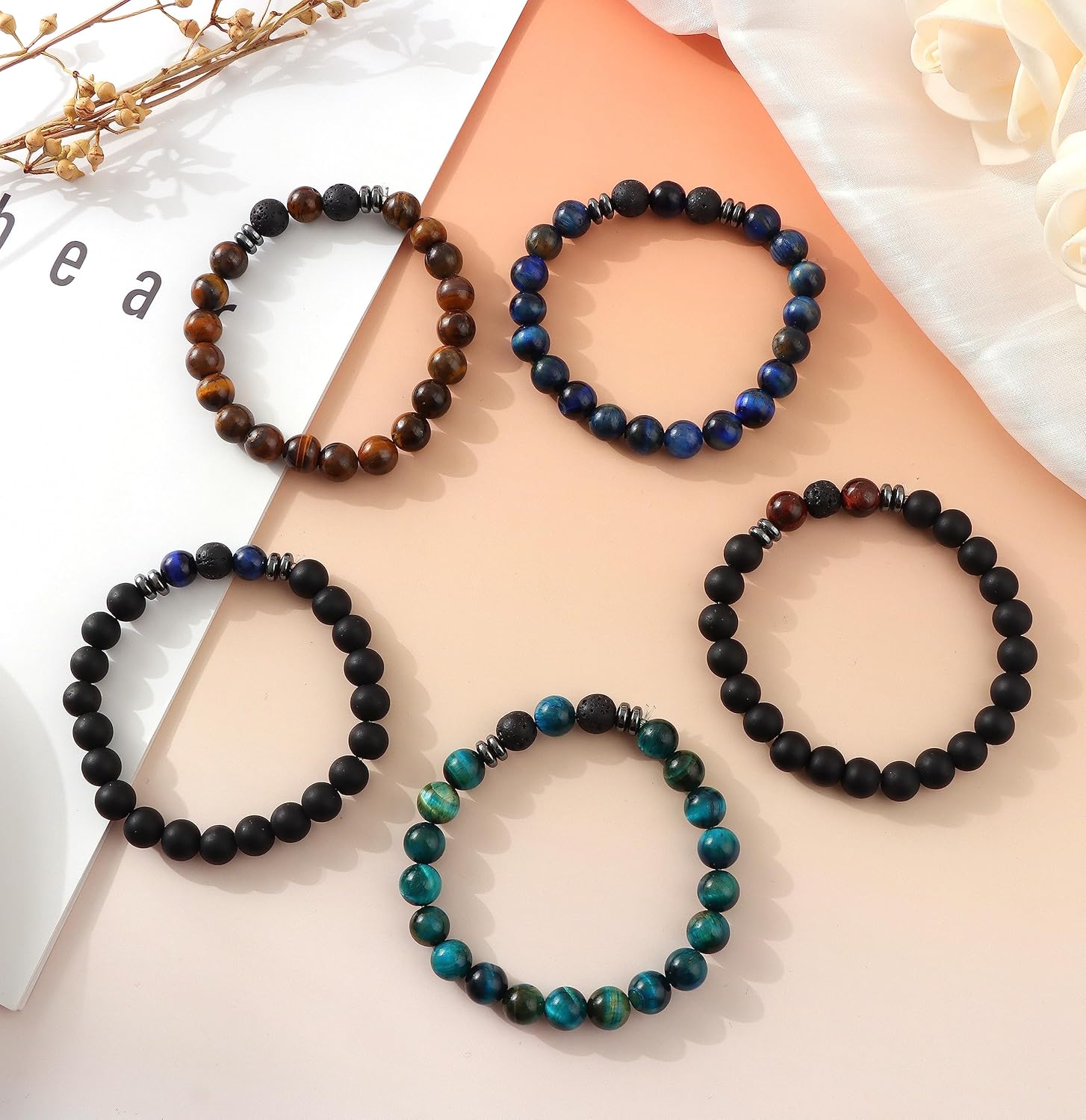 MOZAKA 12Pcs 8mm Natural Stone Lava Rock Beaded Bracelets for Men Women Tiger Eye Hematite Black Onyx Matte Beads Essential Oil Diffuser Lava Stone Bead Bracelets Bulk