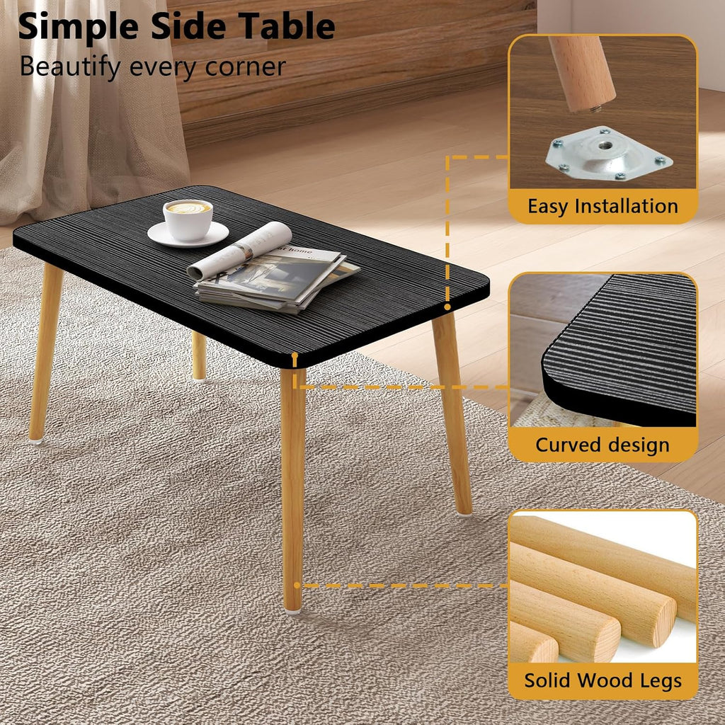 Square Coffee Table Low Table with 4 Solid Wood Sturdy Legs, Floor Table Desk for Sitting on The Floor, Storage and Living Room Furniture (Black)