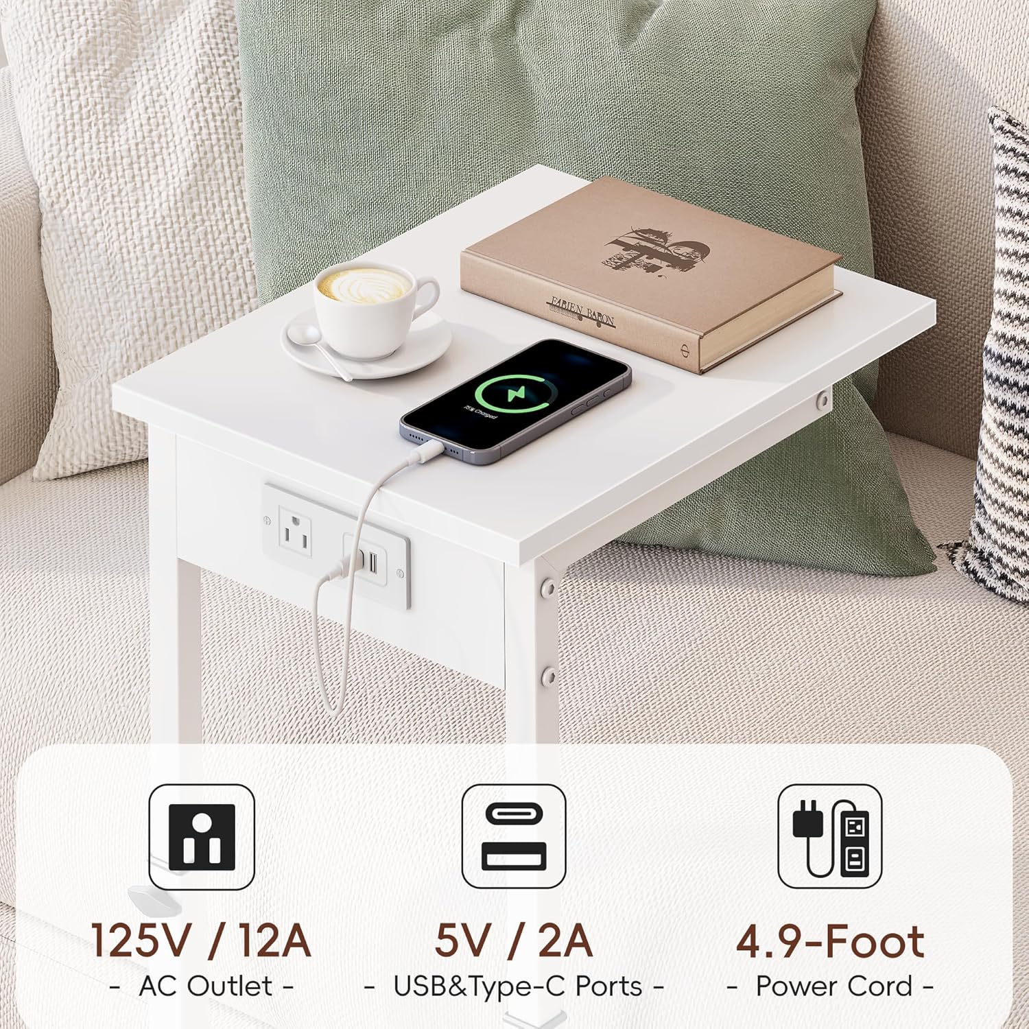 Vagusicc C Shaped End Table with Charging Station, 33" Tall Side Table for Couch, Sofa Table Adjustable Height Couch Side Table Coffee Table, Slide Under Sofa TV Tray C Table for Living Room, White
