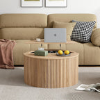 Round Fluted Lift Top Coffee Table, Mid Century Modern Center Table with Storage and Compartment, 2 Tier Small Circle Dining Table, for Living Room, Home Small Space, Natural