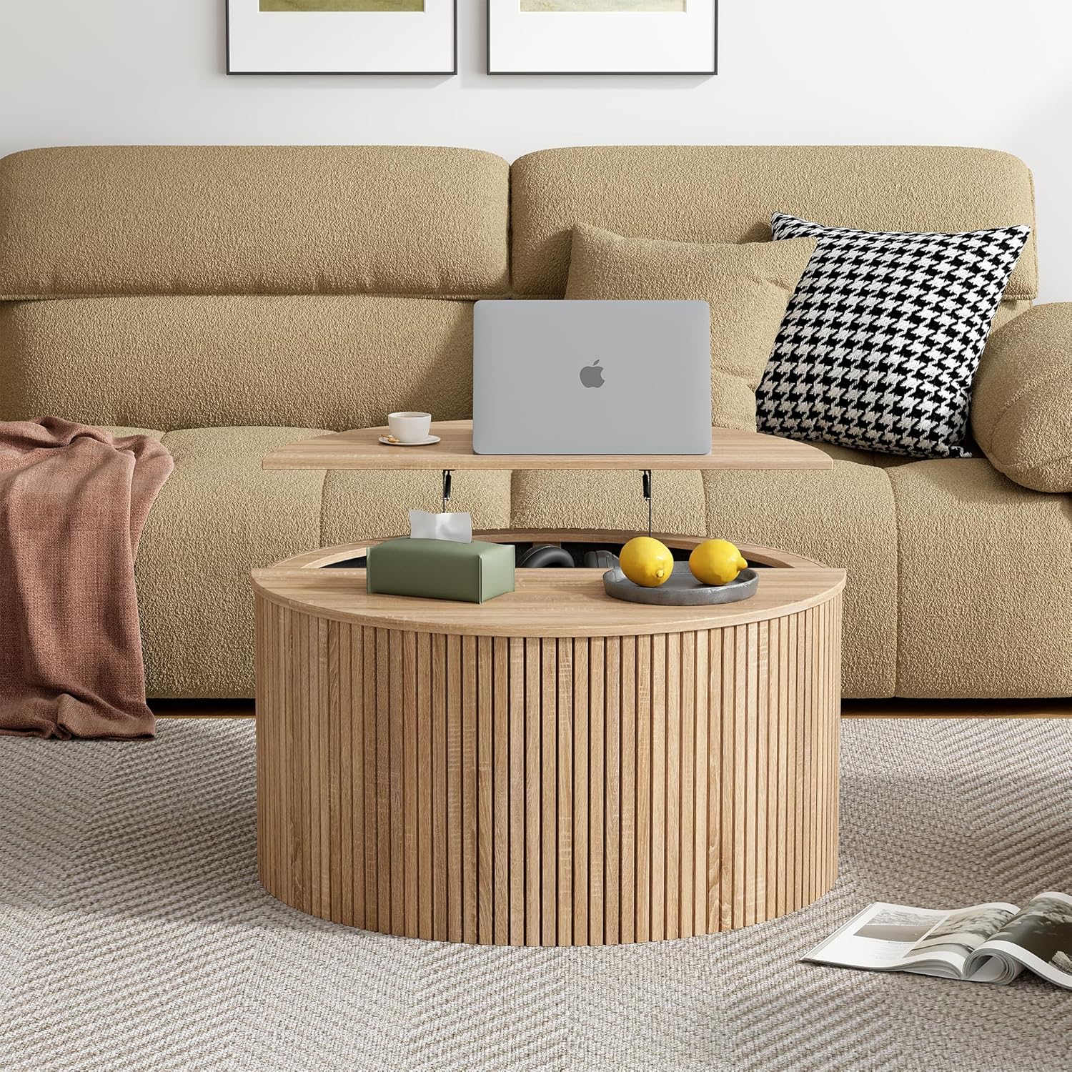 Round Fluted Lift Top Coffee Table, Mid Century Modern Center Table with Storage and Compartment, 2 Tier Small Circle Dining Table, for Living Room, Home Small Space, Natural