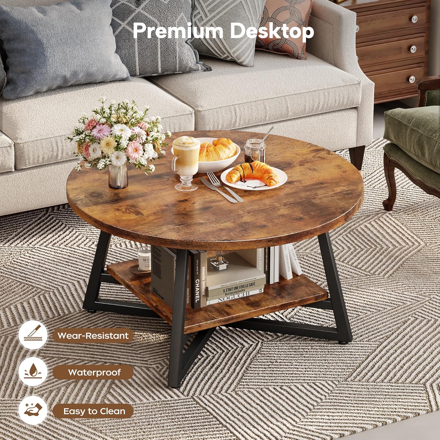 Round Coffee Table, Small Circle Coffee Table with Storage, Modern Wood Round Center Table for Living Room, Home Office, Small Space, Easy Assembly, Rustic Brown