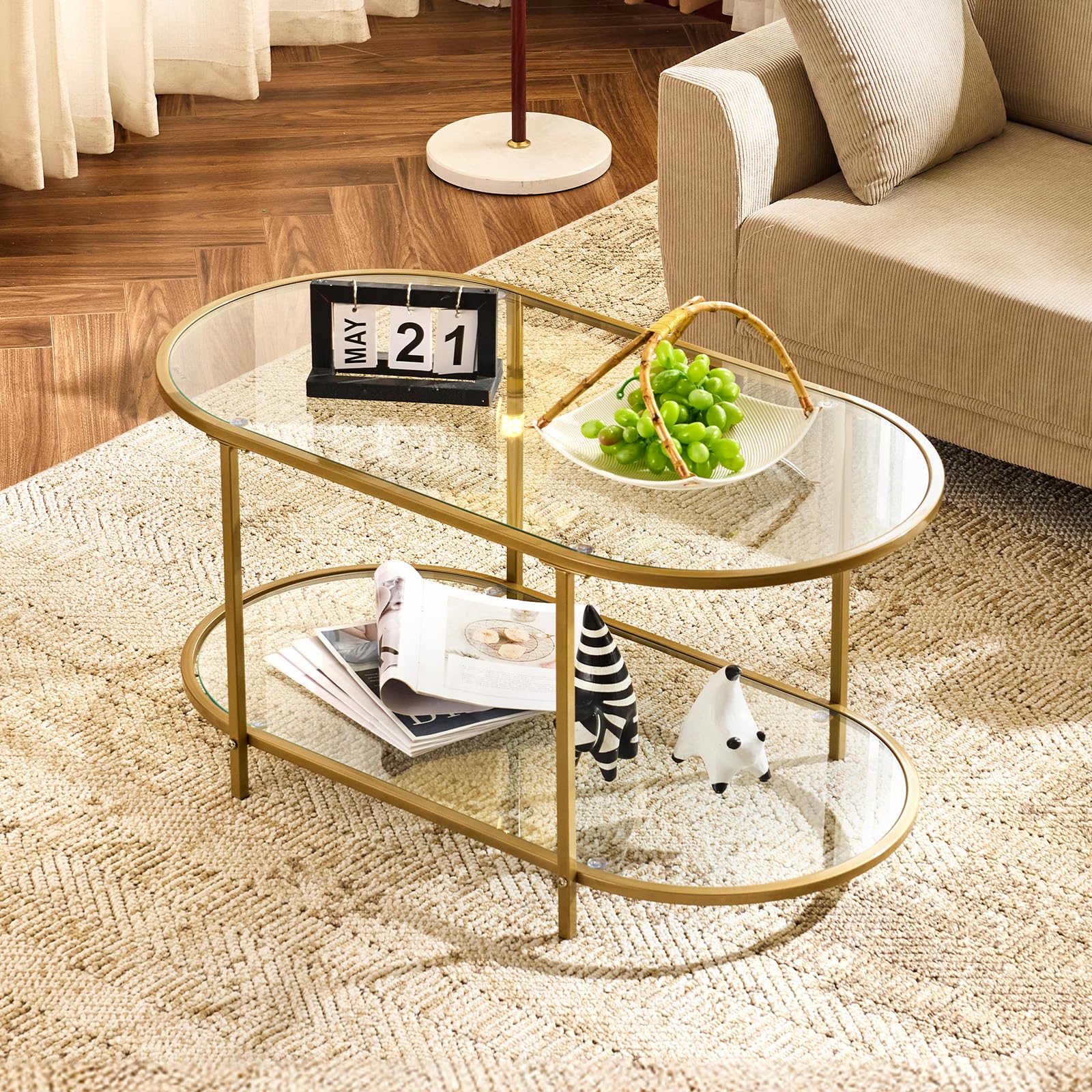 VINGLI 25.6" Round Gold Coffee Tables for Living Room, 2-Tier Glass Top Coffee Table with Storage Clear Coffee, Simple & Modern Center Table for Small Space