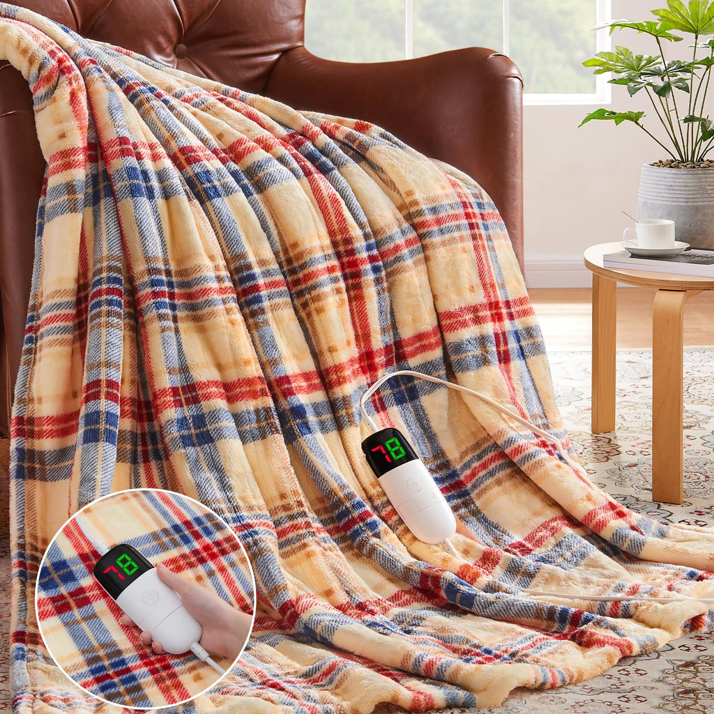 Elektrisch verwarmd deken, 50X60, verwarmingsdeken met 10 verwarmingsniveaus/8 uur automatische uitschakeling, marineblauw geruit Sherpa-dekenverwarmer voor volwassenen, wasbaar deken cadeau voor bank bed kantoor, ETL