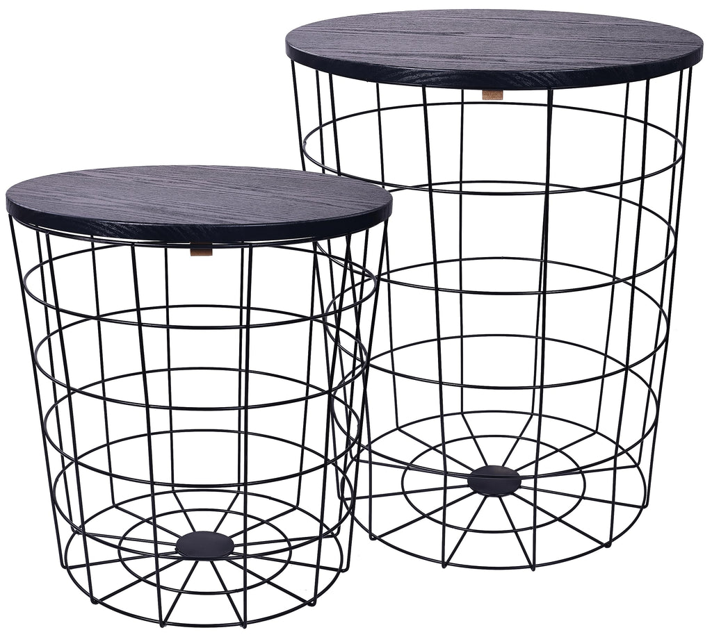Nesting Table End Table Wire Basket Base with Wood Tops Side Table Set of 2, Gray