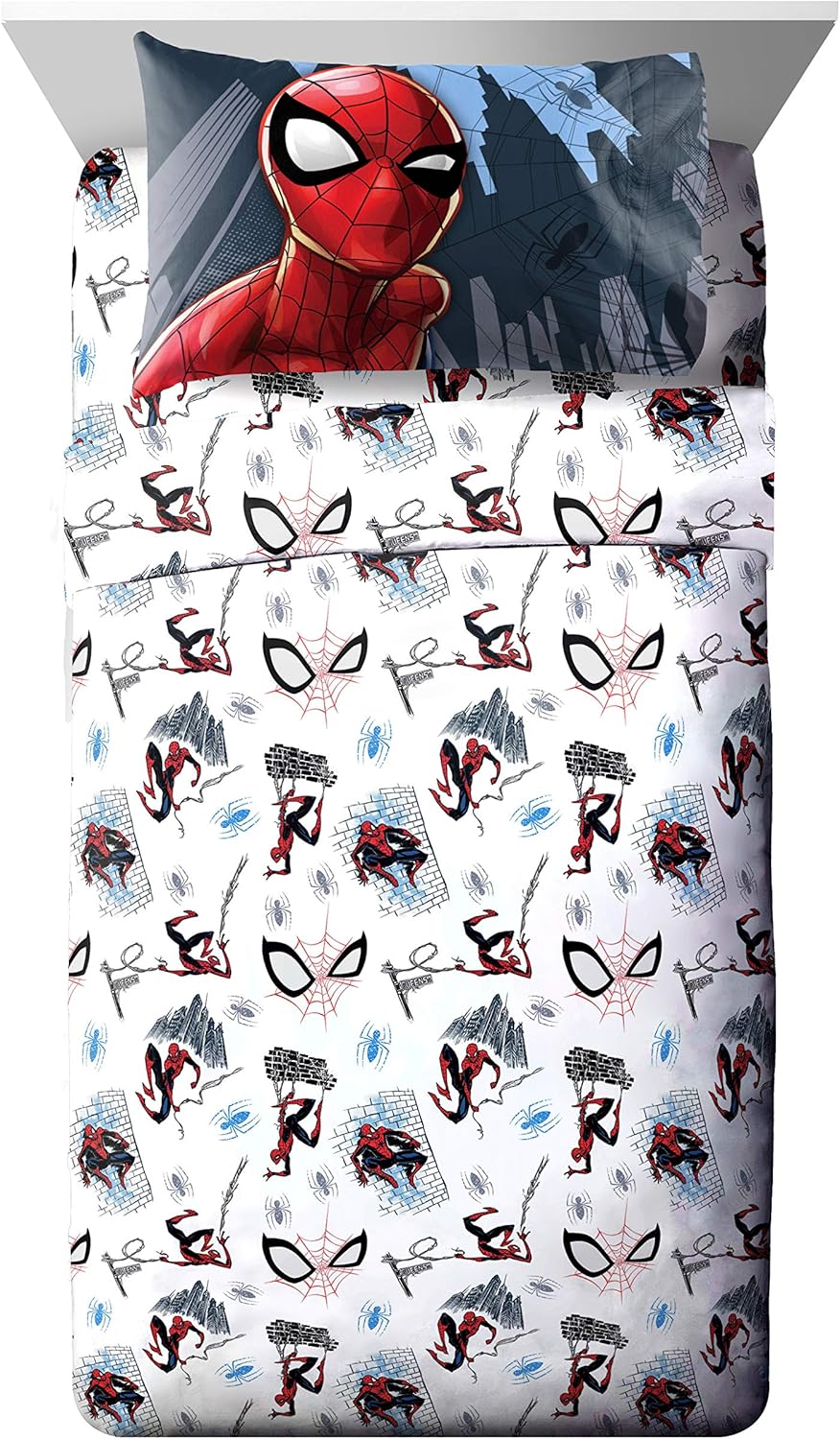 Jay Franco Marvel Spiderman Crawl 4 Piece Twin Bed Set - Includes Reversible Comforter & Sheet Set Bedding - Fade Resistant Microfiber - (Official Marvel Product), Multi - Spiderman