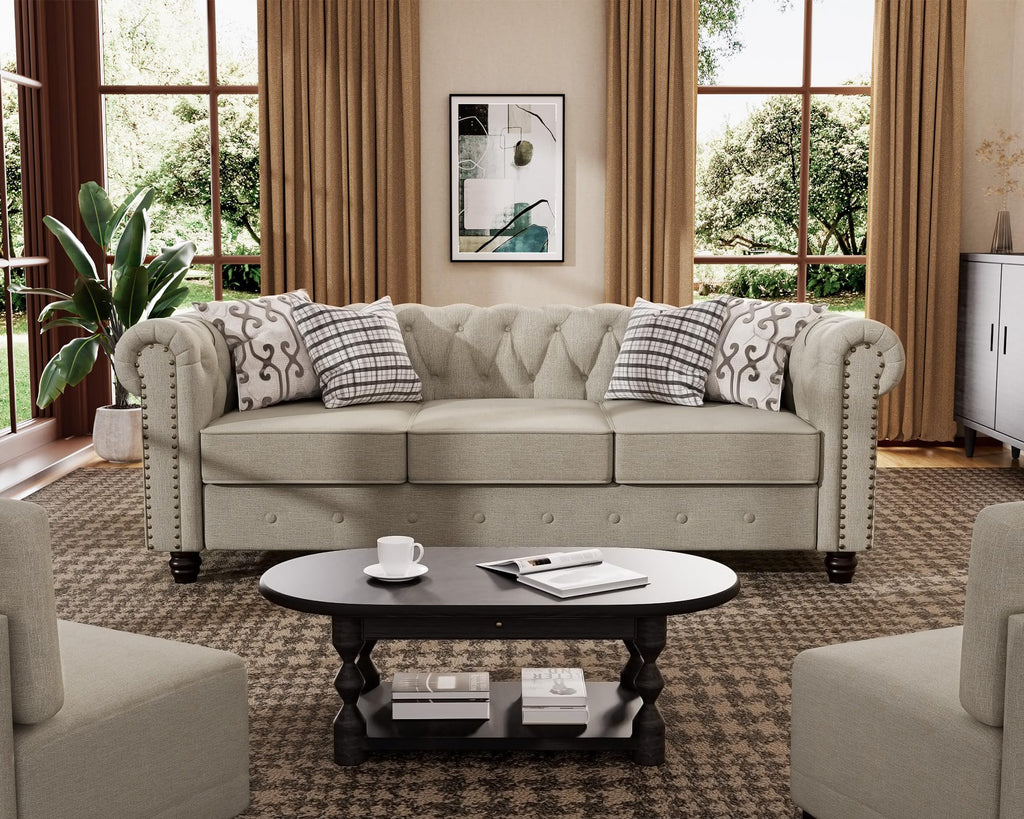 Morden Fort Classic Chesterfield Sofa Set 82'', Tufted Sofa Couch Set with Solid Wood Legs Thick Cushion, Pet-Friendly 3-Seater Sofas Couches for Living Room Bedroom Apartment - Velvet Beige