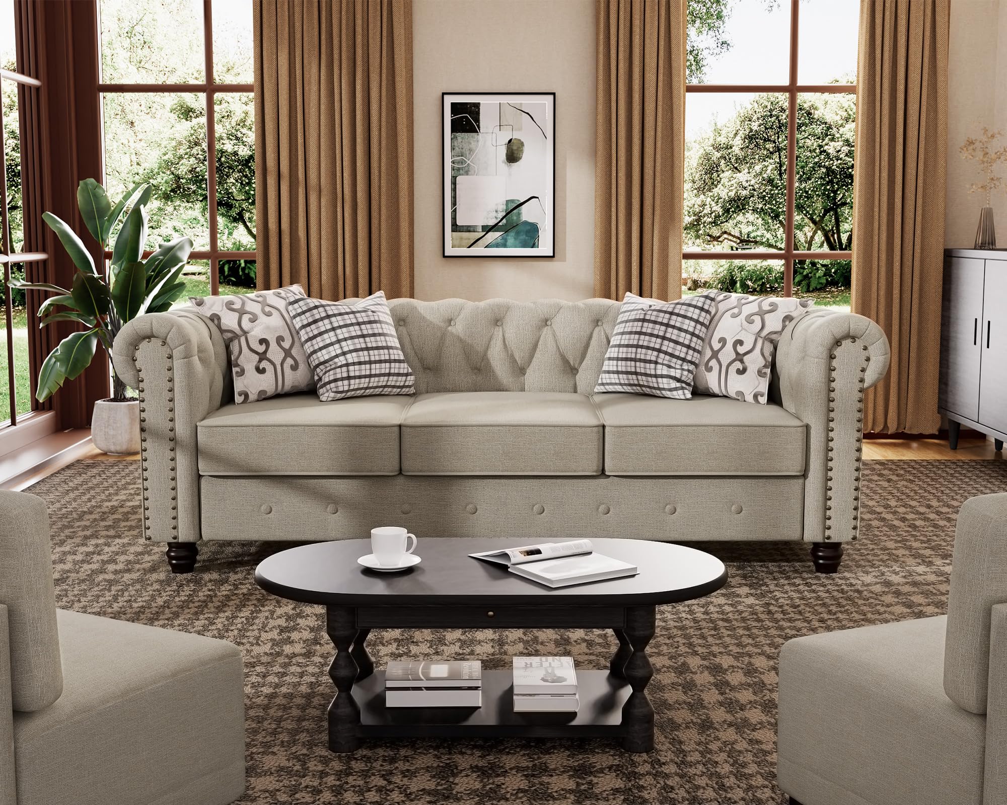 Morden Fort Classic Chesterfield Sofa Set 82'', Tufted Sofa Couch Set with Solid Wood Legs Thick Cushion, Pet-Friendly 3-Seater Sofas Couches for Living Room Bedroom Apartment - Velvet Beige