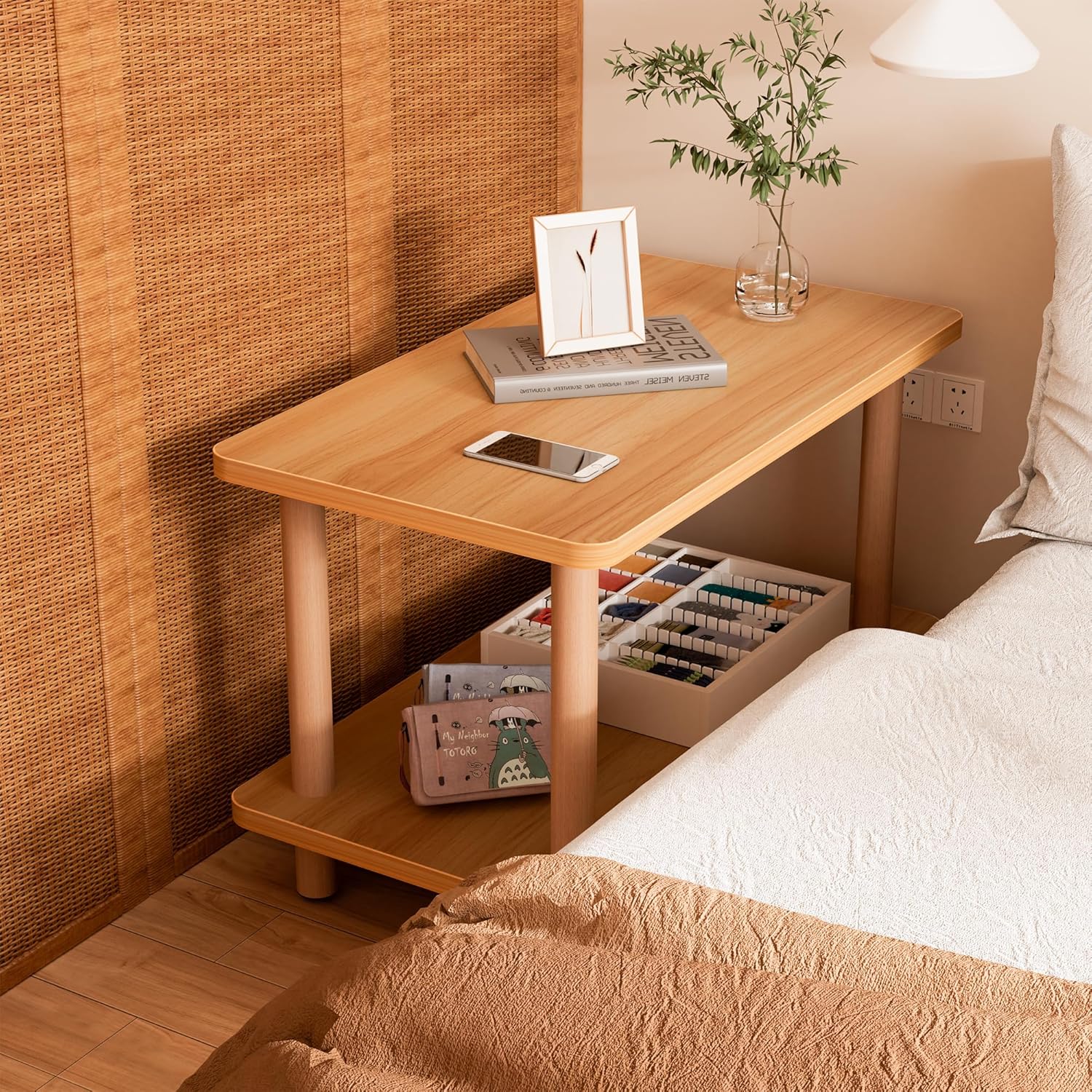 2 Tier Coffee Table Low Table with Solid Wood Legs, Japanese Coffee Table for living Room, Side Table Sofa Table, Floor Table Desk for Sitting on The Floor, Storage Shelf Furniture for Office, Natural