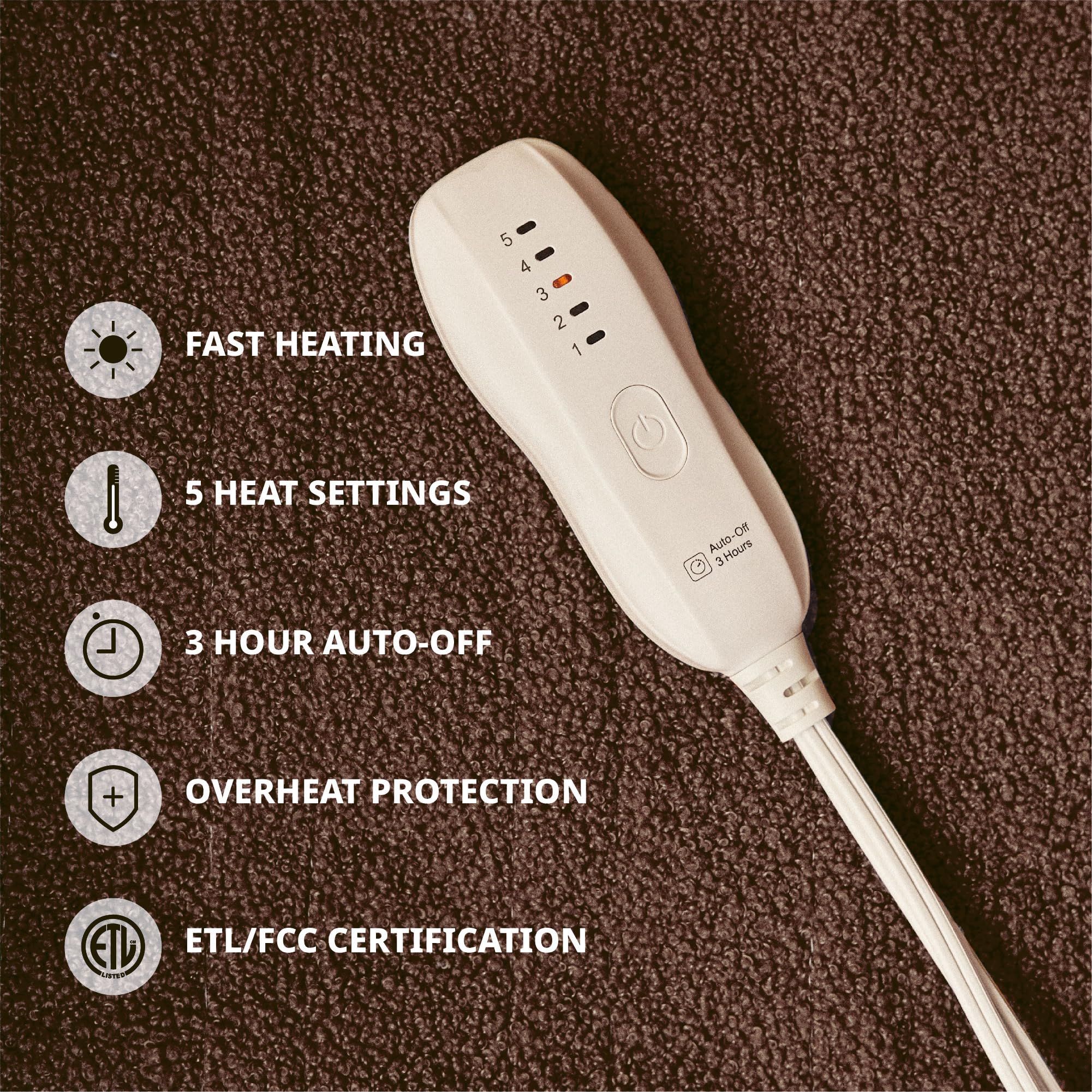 Opvarmet tæppe 50" x 60" - Opvarmet tæppe med 5 varmeniveauer og 3 timers automatisk slukning, maskinvaskbar, ETL &amp; FCC-certificering, overvarmebeskyttelse (Racoon) 