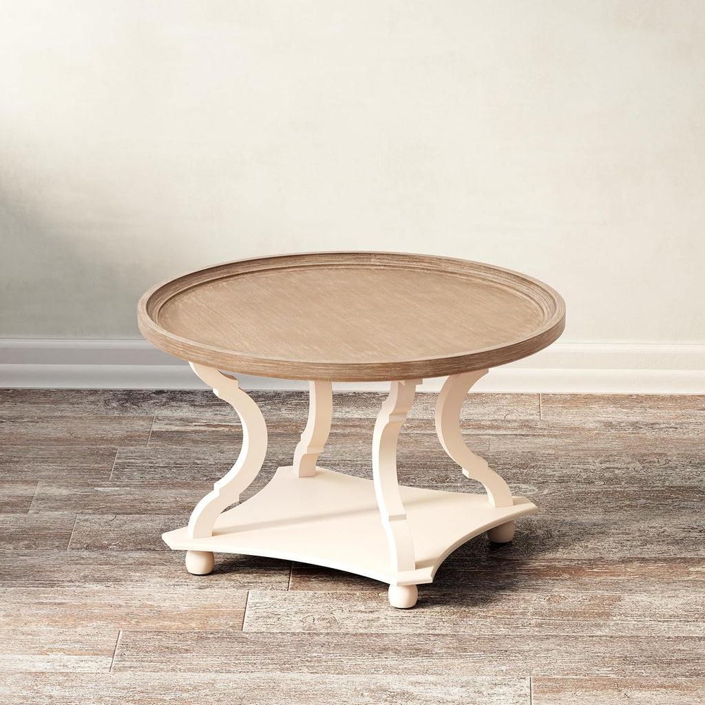 Round Farmhouse Coffee Table with Handmade Finish, Wood Tray Top Rustic Coffee Table for Added Thickness, Accent Table with Storage for Living Room, Small Place, White, Circle